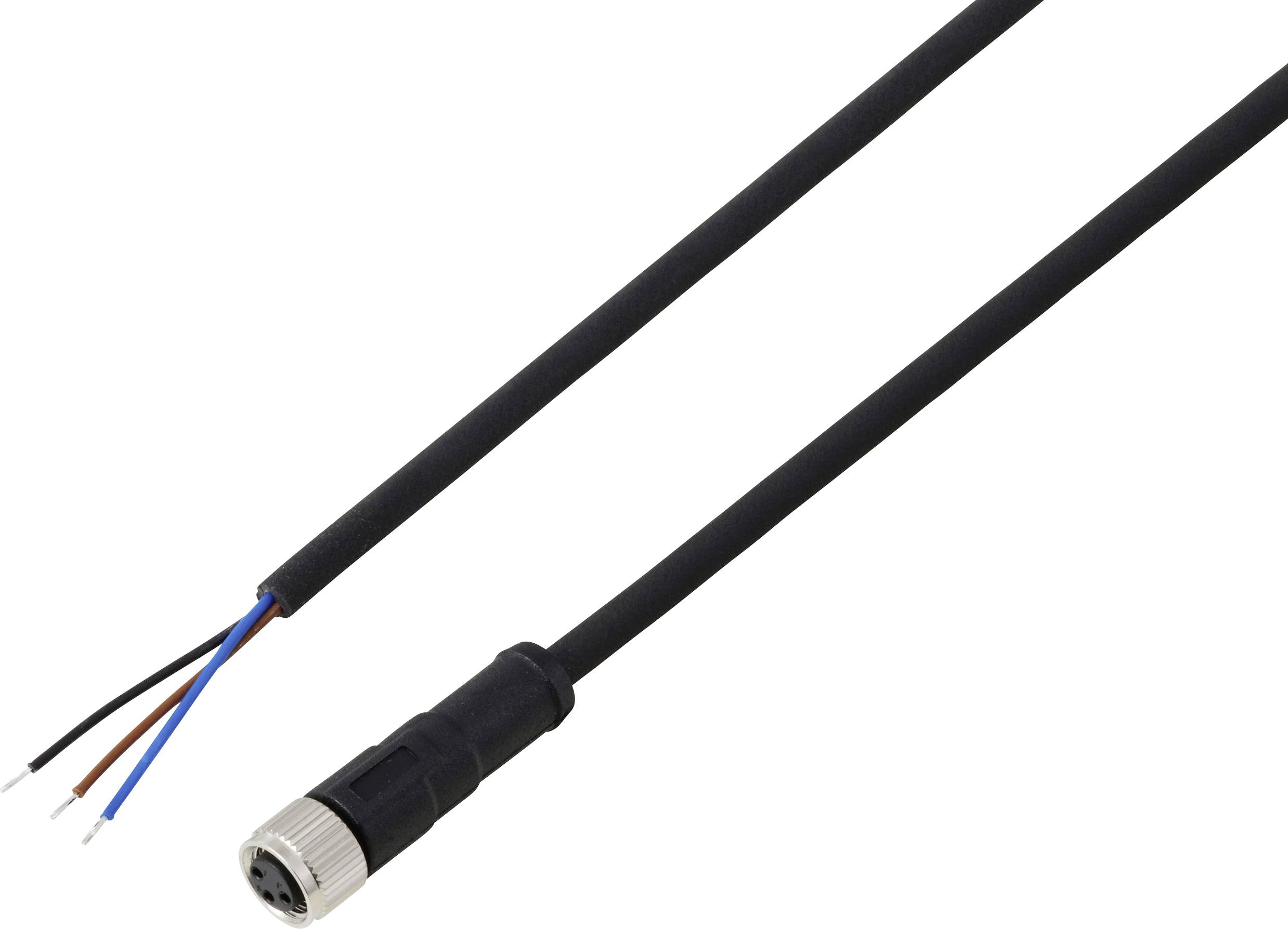 Ein schwarzes Elektrokabel mit einem Ende, das einen 4-poligen Stecker aufweist, und dem anderen Ende mit freiliegenden Kabeln in den Farben Rot, Blau, Schwarz und Weiß.