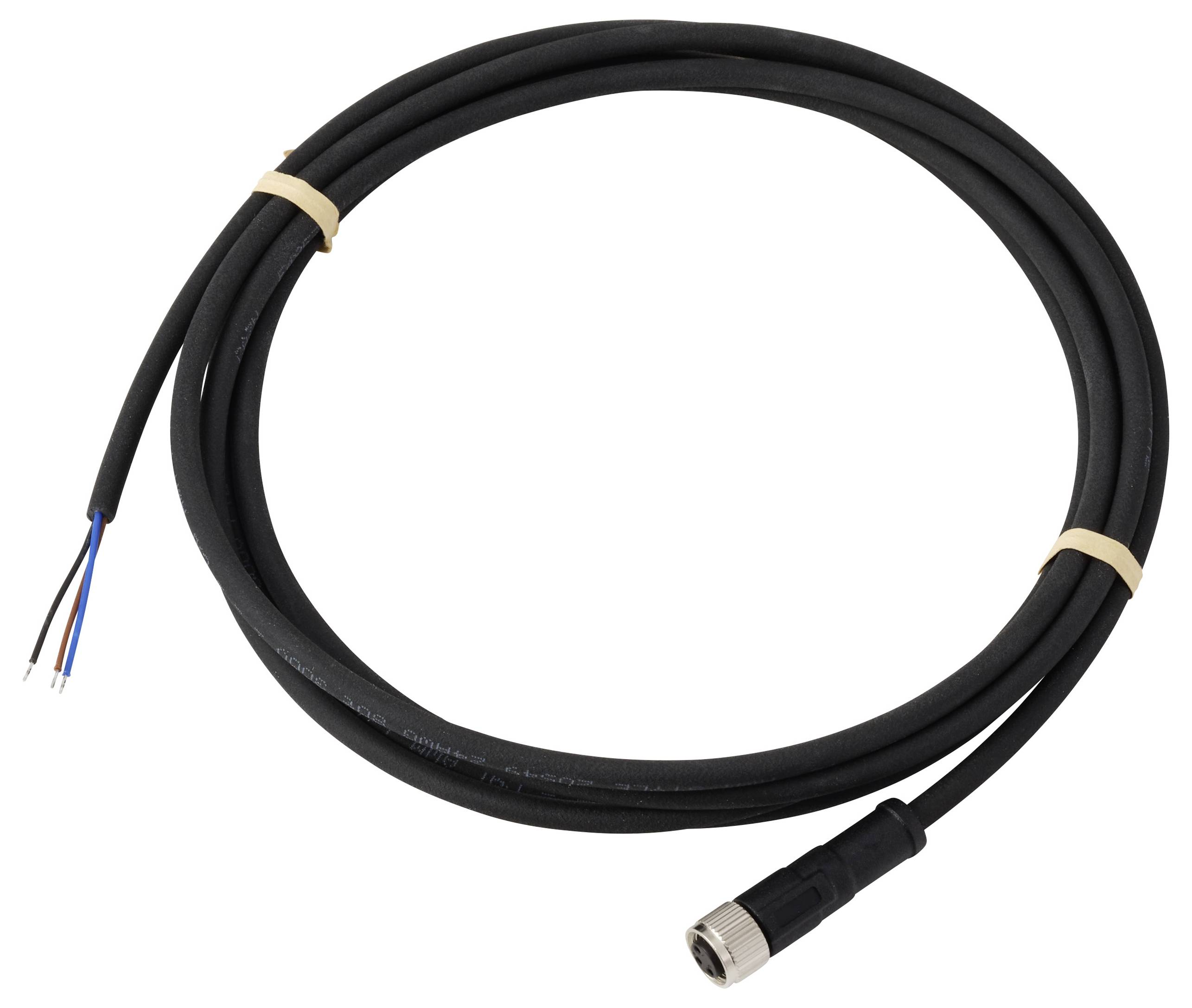 Ein aufgewickeltes schwarzes Kabel mit einem Metallstecker an einem Ende und drei freiliegenden Drähten (blau, braun, weiß) am anderen Ende, mit beigen Bindungen zusammengehalten.