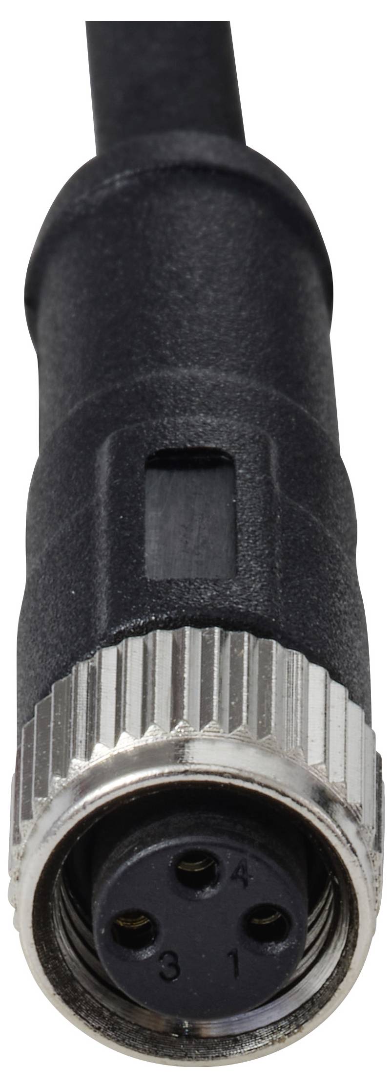 Ein schwarzes elektrisches Anschlusskabel mit vier Pins und einem verschraubten Metallgehäuse, entwickelt für sichere Verbindungen in elektronischen Geräten.