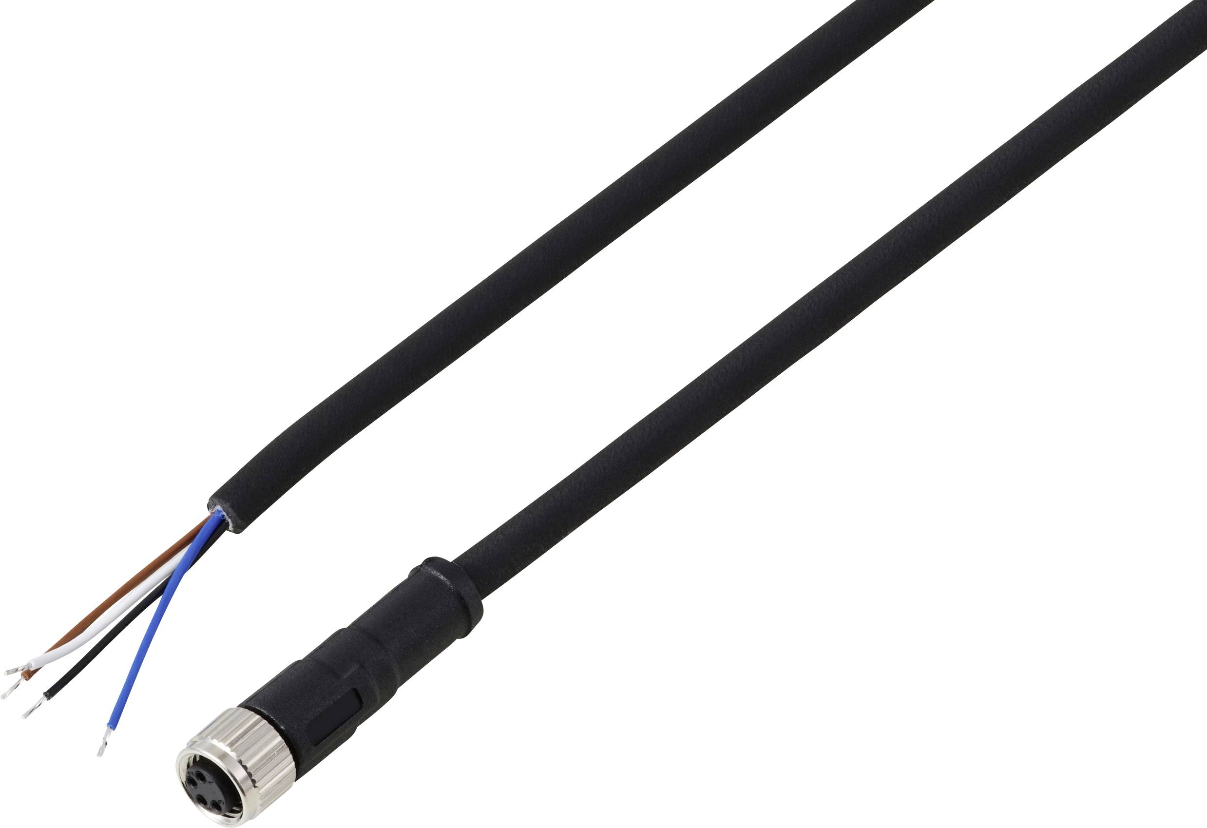 Ein schwarzes Kabel mit einem Rundsteckverbinder an einem Ende und drei freiliegenden Drähten (braun, blau, weiß) am anderen Ende.