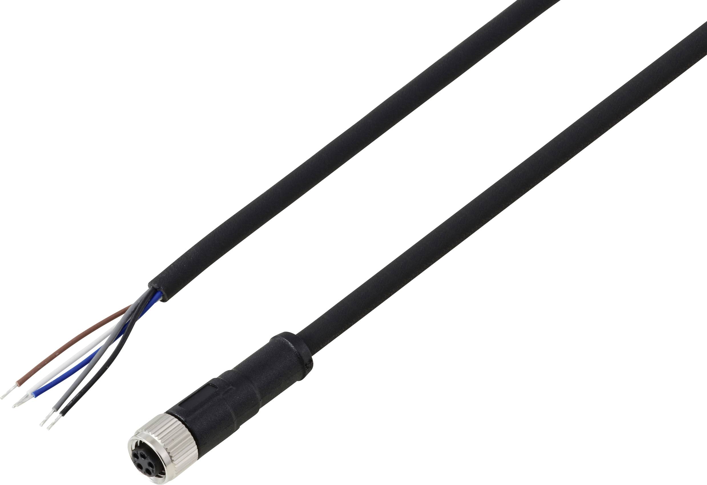 Ein schwarzes Kabel mit einem metallischen Anschluss an einem Ende und freiliegenden blauen, braunen, schwarzen und weißen Leitungen am anderen Ende, verwendet für elektrische Verbindungen.