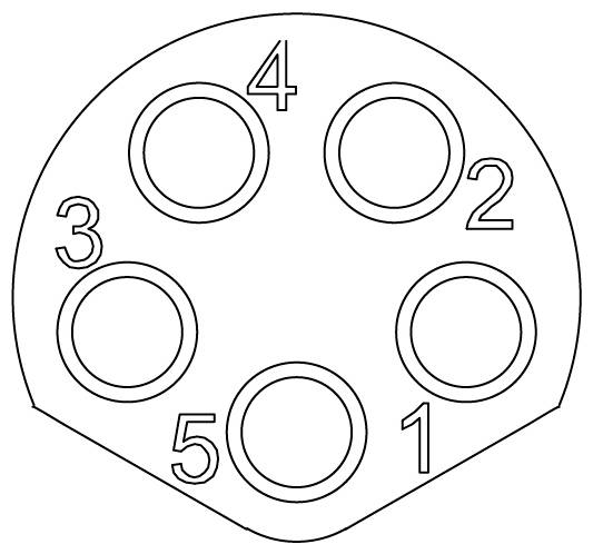 Diagramm eines 5-poligen Rundsteckverbinders, von 1 bis 5 im Uhrzeigersinn nummeriert.