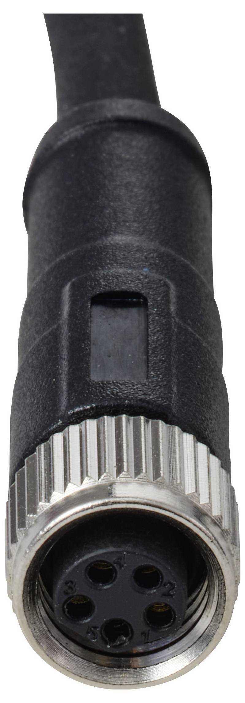 Ein schwarzer kreisförmiger Steckverbinder mit einem silbernen Metallring und mehreren Pins im Inneren, der in elektronischen oder Audiogeräten zur Herstellung von Verbindungen verwendet wird.