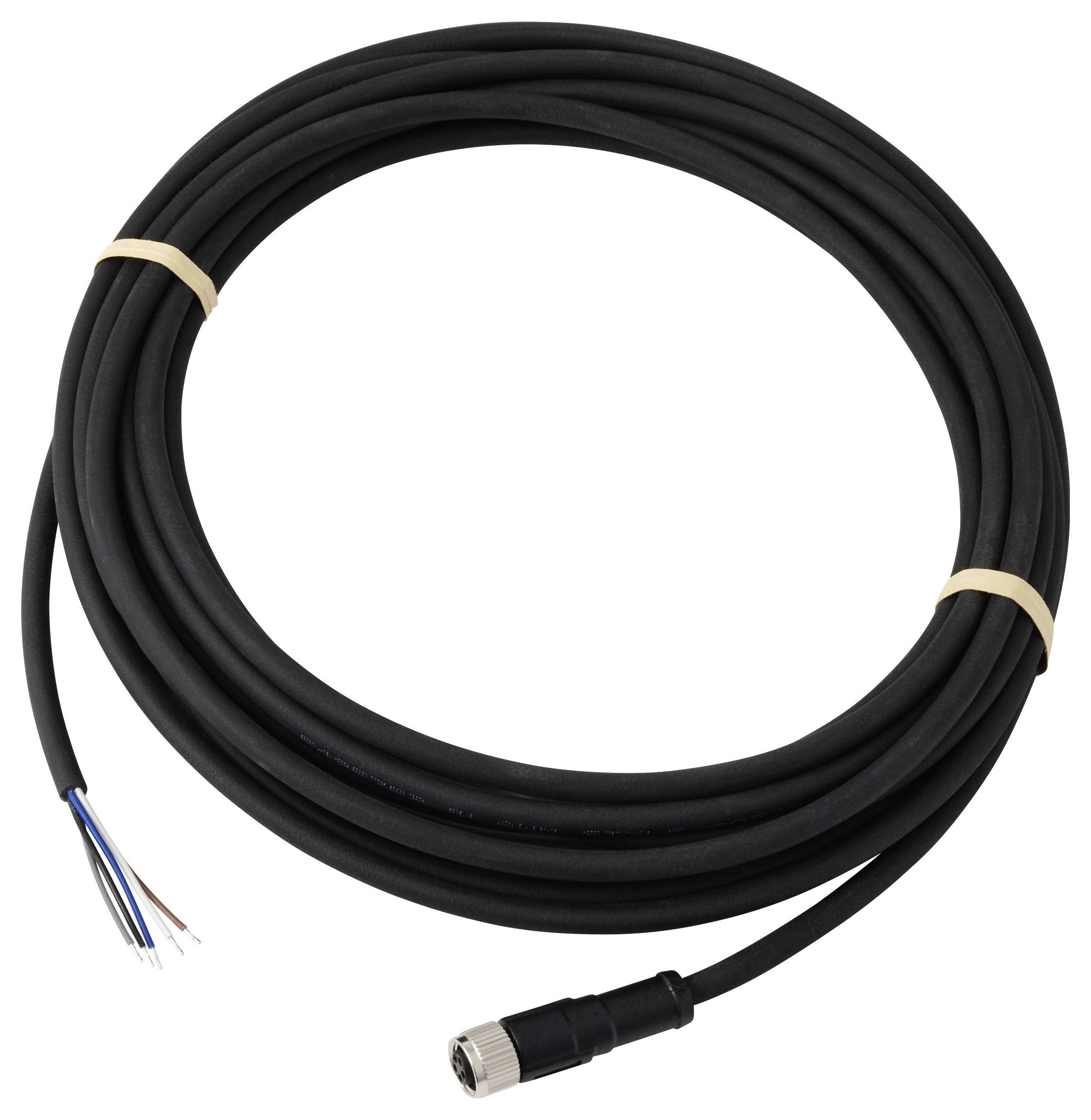 Ein schwarzes aufgewickeltes elektrisches Kabel mit freiliegenden Drähten an einem Ende und einem Metallstecker am anderen Ende, gesichert mit Gummibändern.