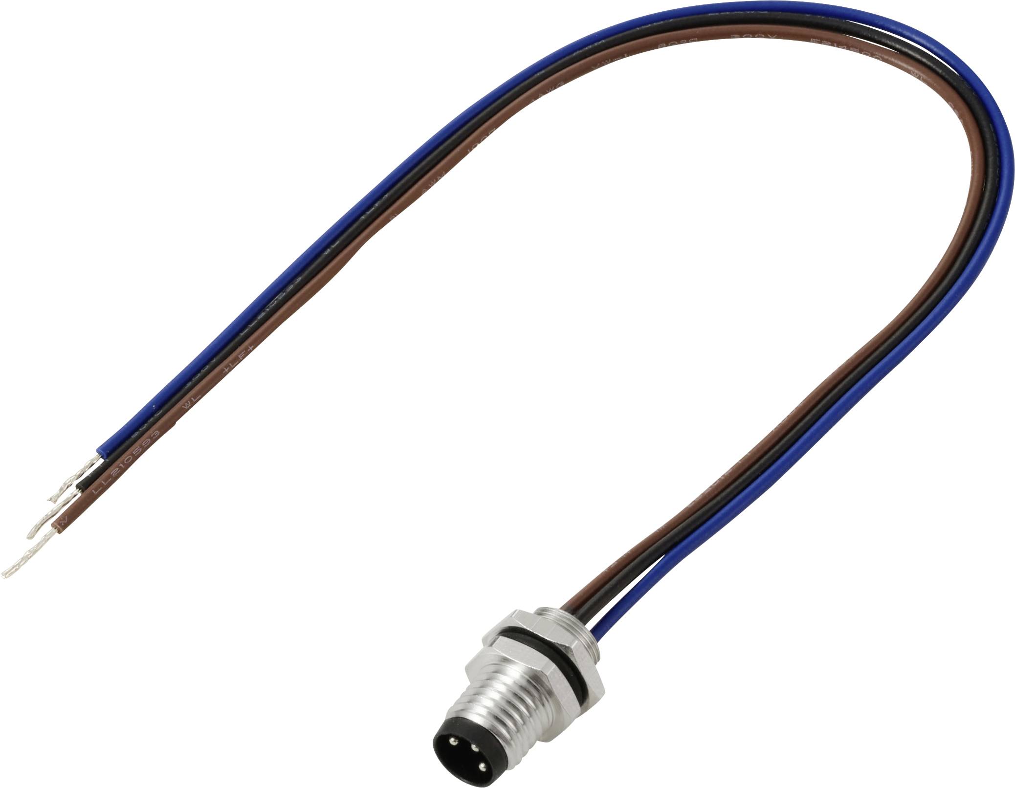 Ein Metall-Sensoranschluss mit drei Pins ist mit einem braunen und blauen Kabel verdrahtet und wird zur Verbindung mit industrieller Ausrüstung verwendet.