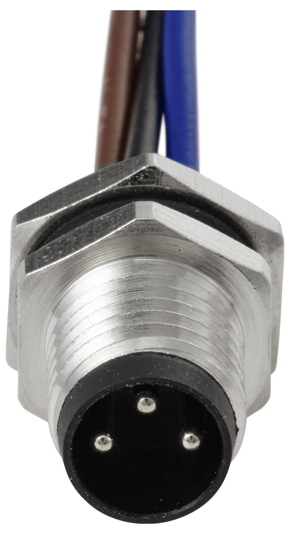 Ein dreipinniger zylindrischer Metallstecker mit rot-, schwarz- und blauen Drähten, der für elektrische Verbindungen verwendet wird.