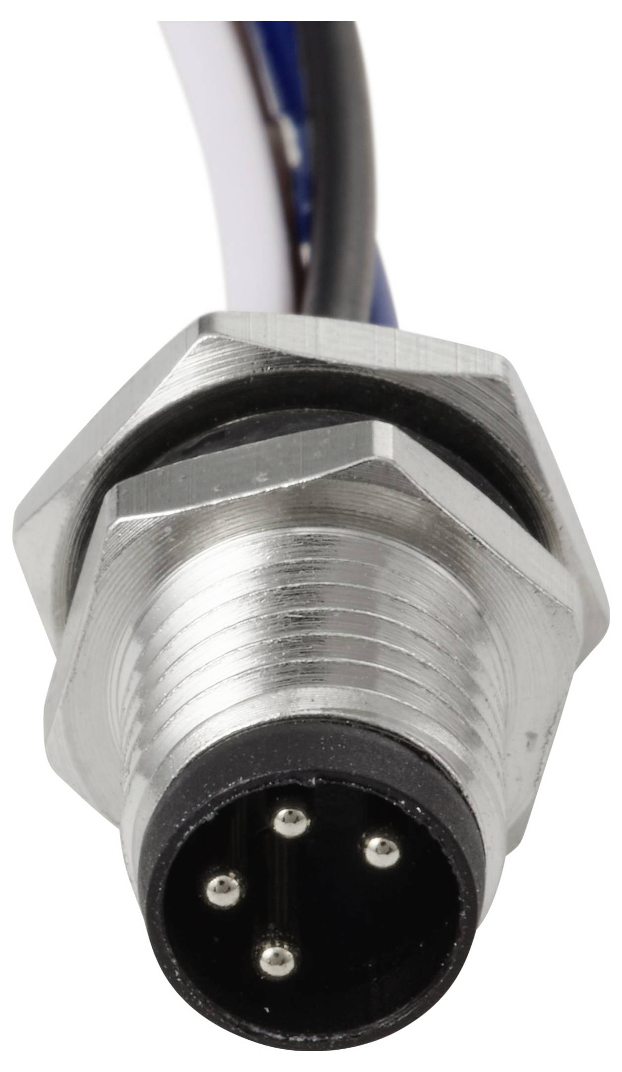 Eine Nahaufnahme eines Metall-Elektroverbinders mit vier Pins, der an ein Kabel mit blauen und schwarzen Leitungen angeschlossen ist und für Geräteverbindungen verwendet wird.