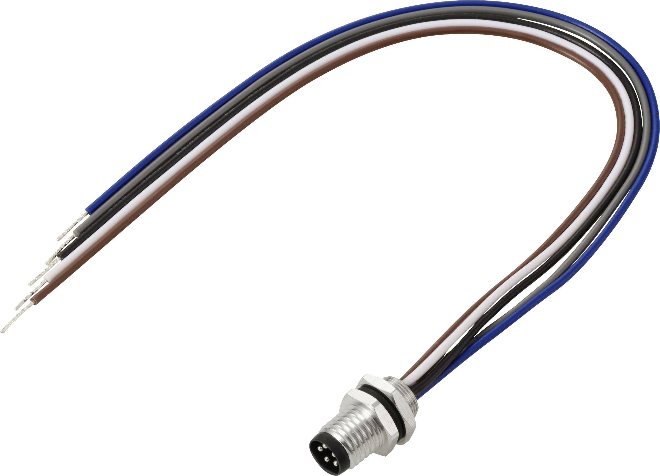 Ein Metallverbinder mit vier farbigen Leitungen (blau, braun, weiß, schwarz) ragt von ihm heraus.