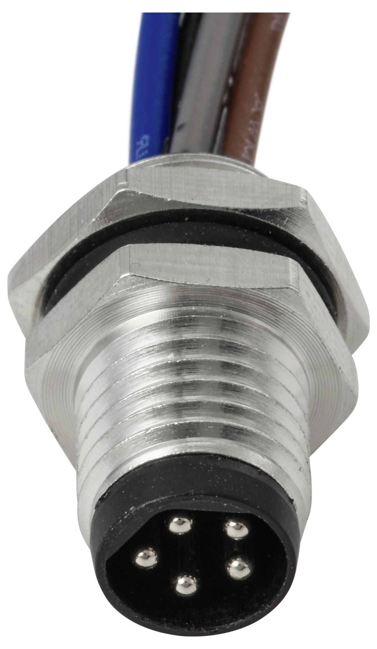 Das Bild zeigt einen metallischen kreisförmigen elektrischen Stecker mit vier Pins, umgeben von farbigen Kabeln, der für sichere Kabelverbindungen ausgelegt ist.