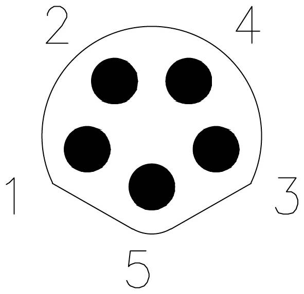 Fünf-Pin-Kreisstecker-Diagramm, das nummerierte, gleichmäßig verteilte schwarze Pins von 1 bis 5 auf einer weißen kreisförmigen Basis zeigt.