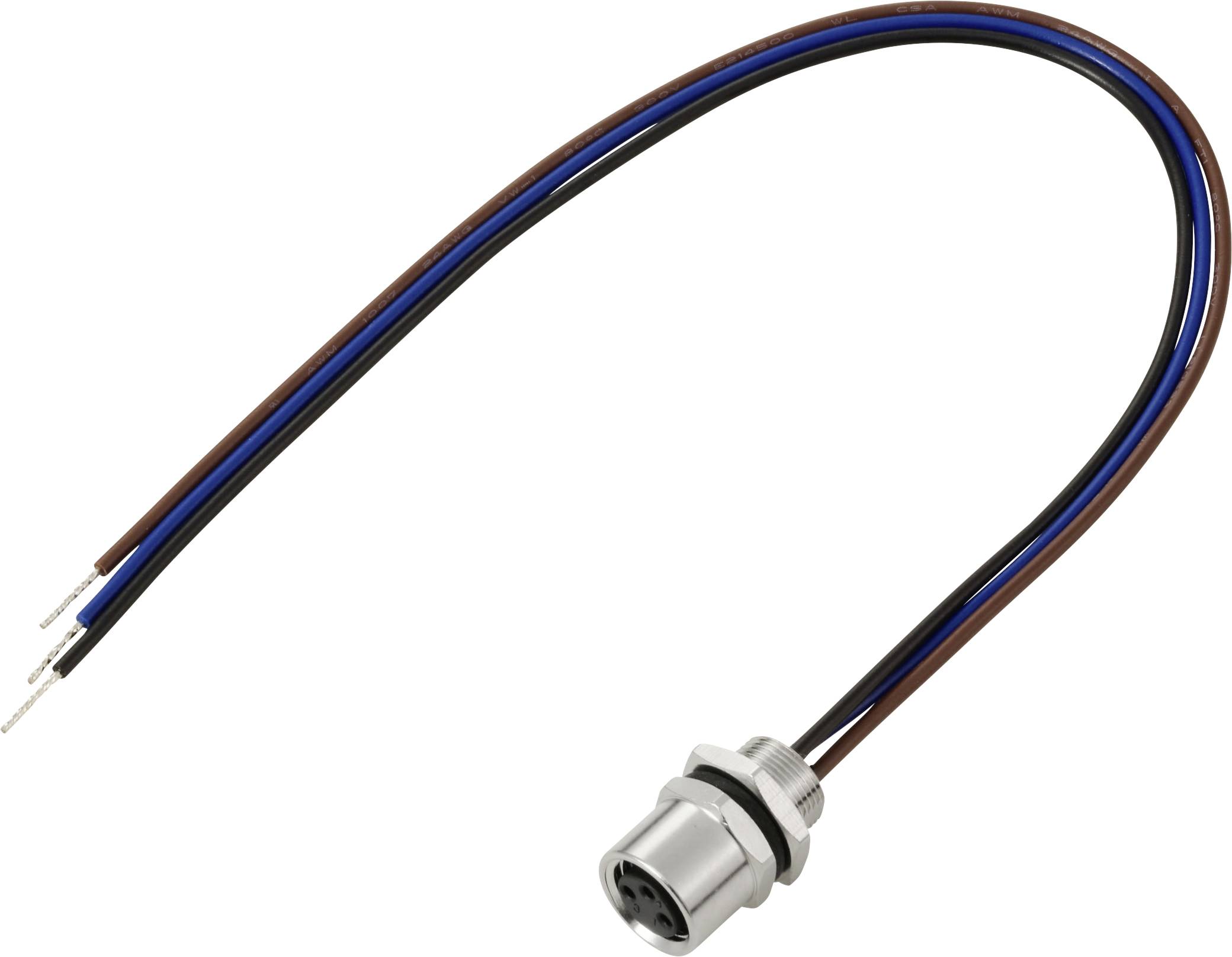 Ein Metallverbinder mit drei farbigen Kabeln (braun, blau und schwarz), der wahrscheinlich für elektronische Verbindungen verwendet wird.