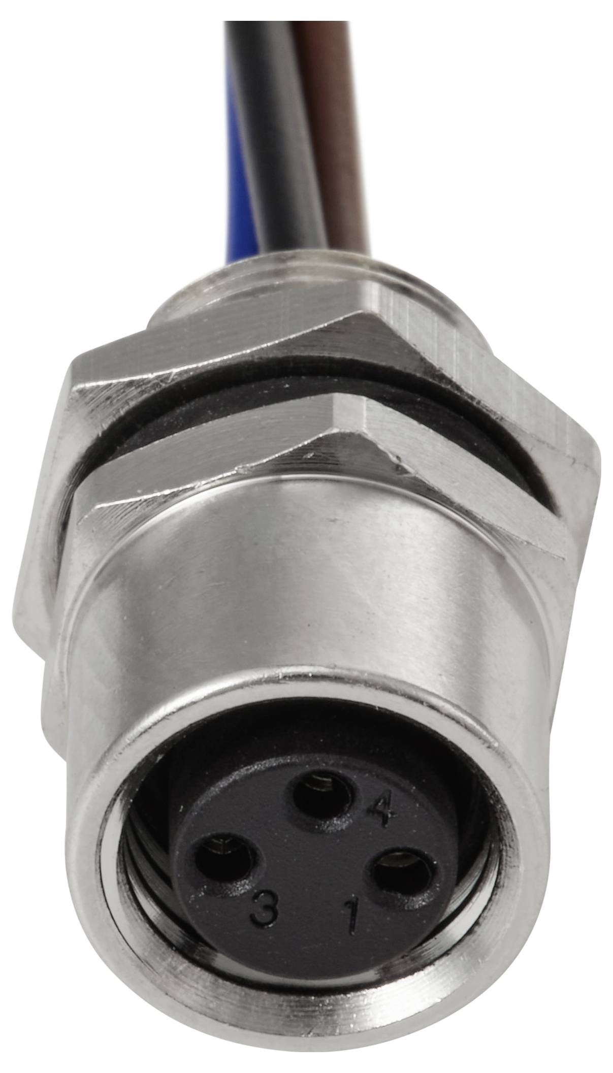 Eine Nahaufnahme eines 4-poligen kreisförmigen Metallsteckers mit nummerierten Pins im Inneren, der an der Rückseite mit einem mehrfarbigen Kabel verbunden ist.