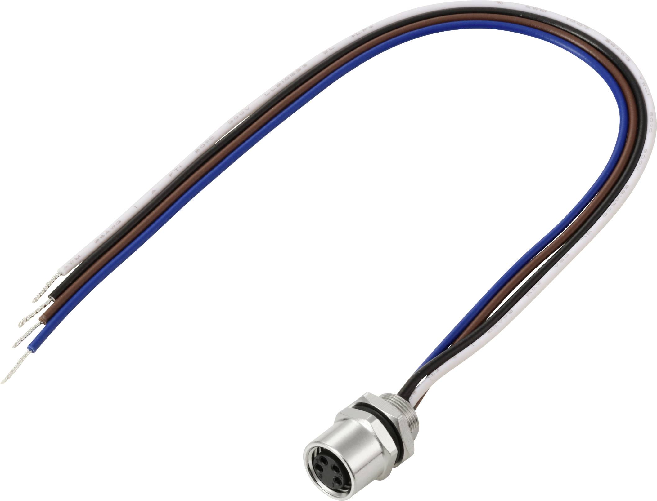 Ein Metallverbinder mit blauen, braunen und schwarzen Kabeln, der wahrscheinlich für elektrische oder elektronische Anwendungen verwendet wird.