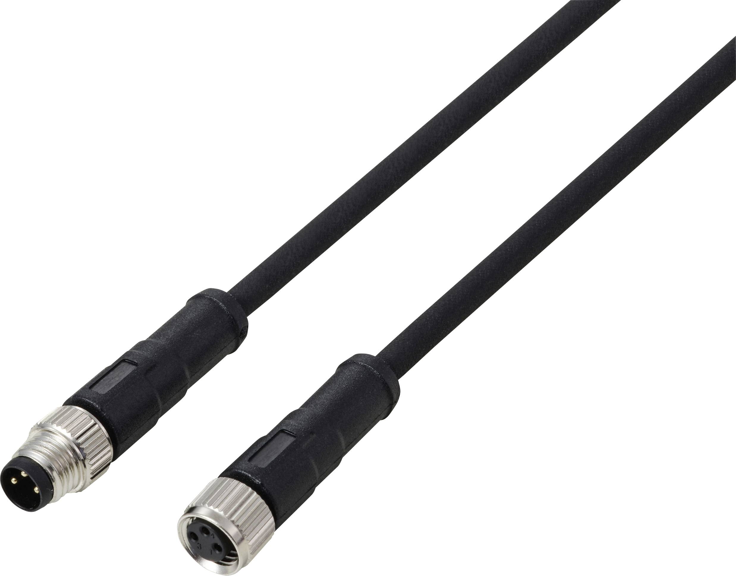 Ein schwarzes Kabel mit männlichen und weiblichen Metallsteckern an jedem Ende, das für eine sichere Verbindung elektronischer Geräte entwickelt wurde.