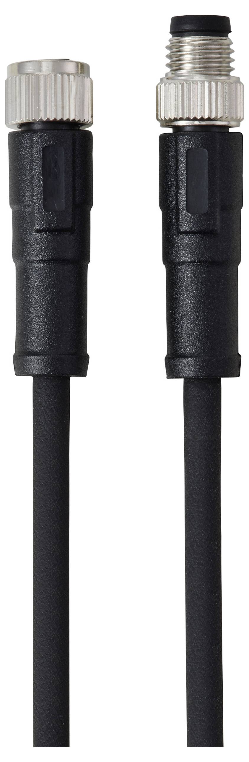Zwei schwarze elektrische Kabel mit Metallverbindern, eines mit männlichem Schraubenanschluss und das andere mit weiblichem Sockelanschluss, vertikal ausgerichtet.