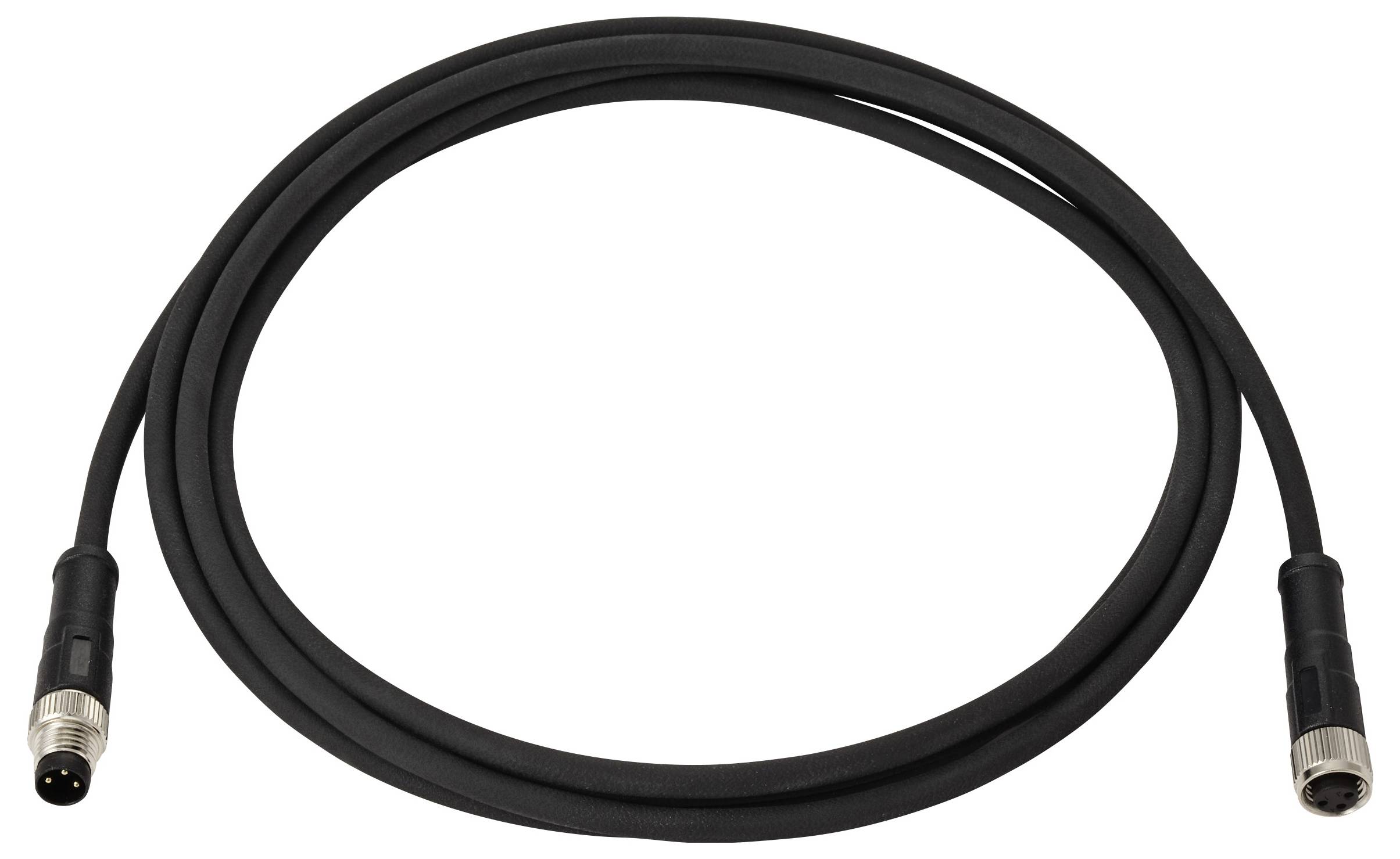Ein schwarzes Kabel mit zwei unterschiedlichen Anschlussenden, eines mit drei Zinken und das andere mit einem verschraubten Metallgehäuse, zu einer Schleife gewickelt.
