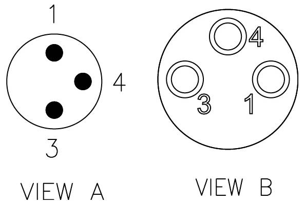 Anschlussdiagramm mit zwei Ansichten: Ansicht A zeigt drei ausgefüllte Kreise mit den Beschriftungen 1, 3, 4. Ansicht B zeigt drei leere Kreise mit den Beschriftungen 1, 3, 4.
