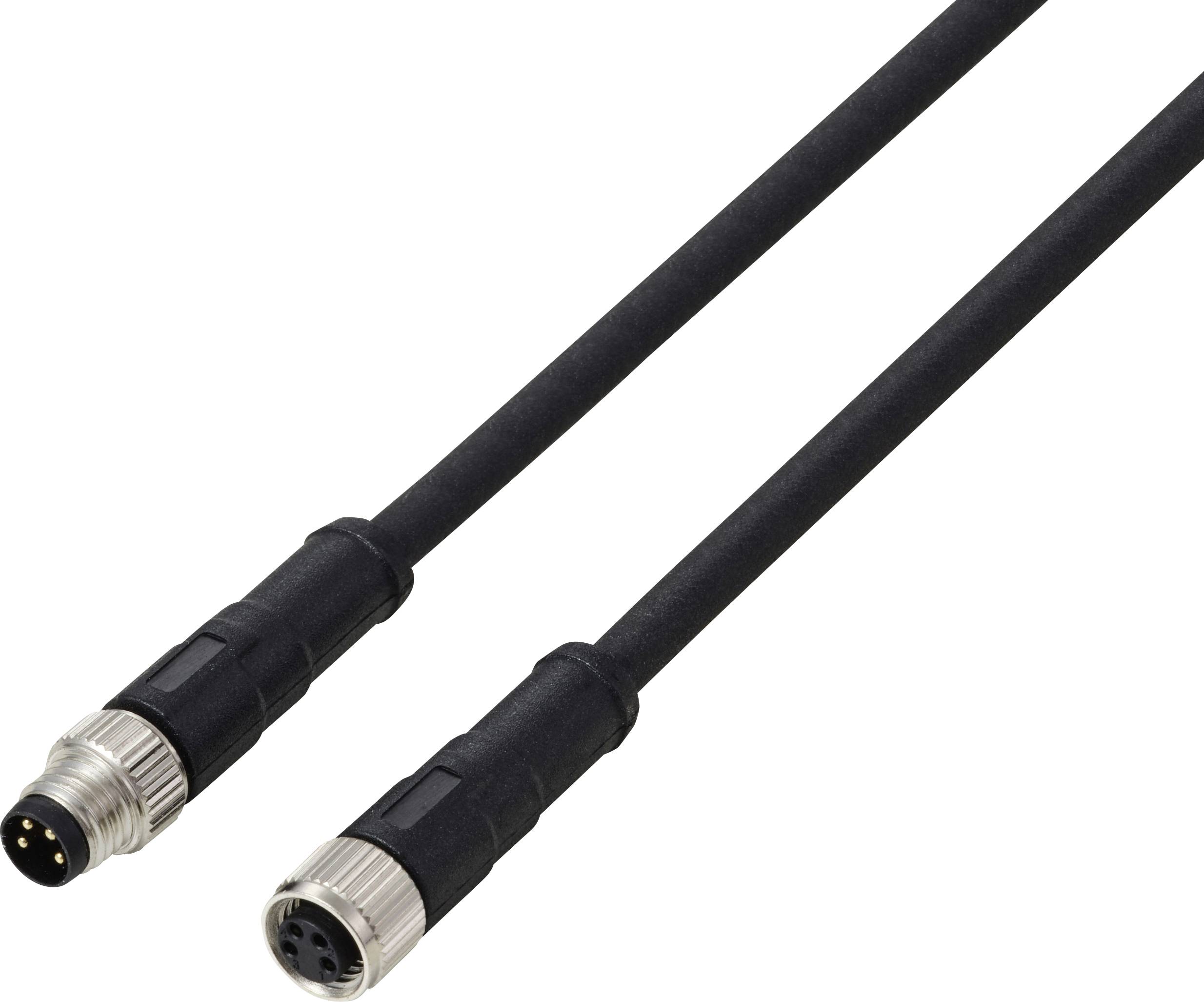 Zwei schwarze Kabel mit Metallsteckern, eines männlich und eines weiblich, entwickelt zum Anschluss elektronischer Geräte.