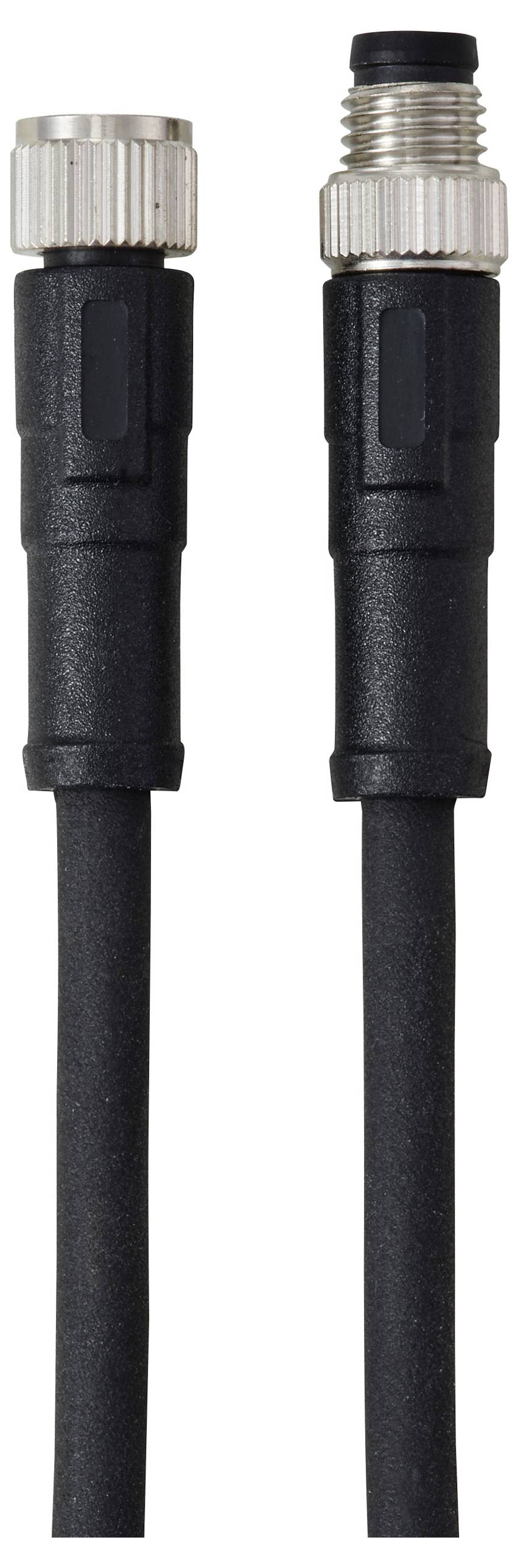 Zwei schwarze Kabel mit metallischen Anschlüssen an den Enden, eines männlich und eines weiblich, entwickelt für sichere elektrische Verbindungen.