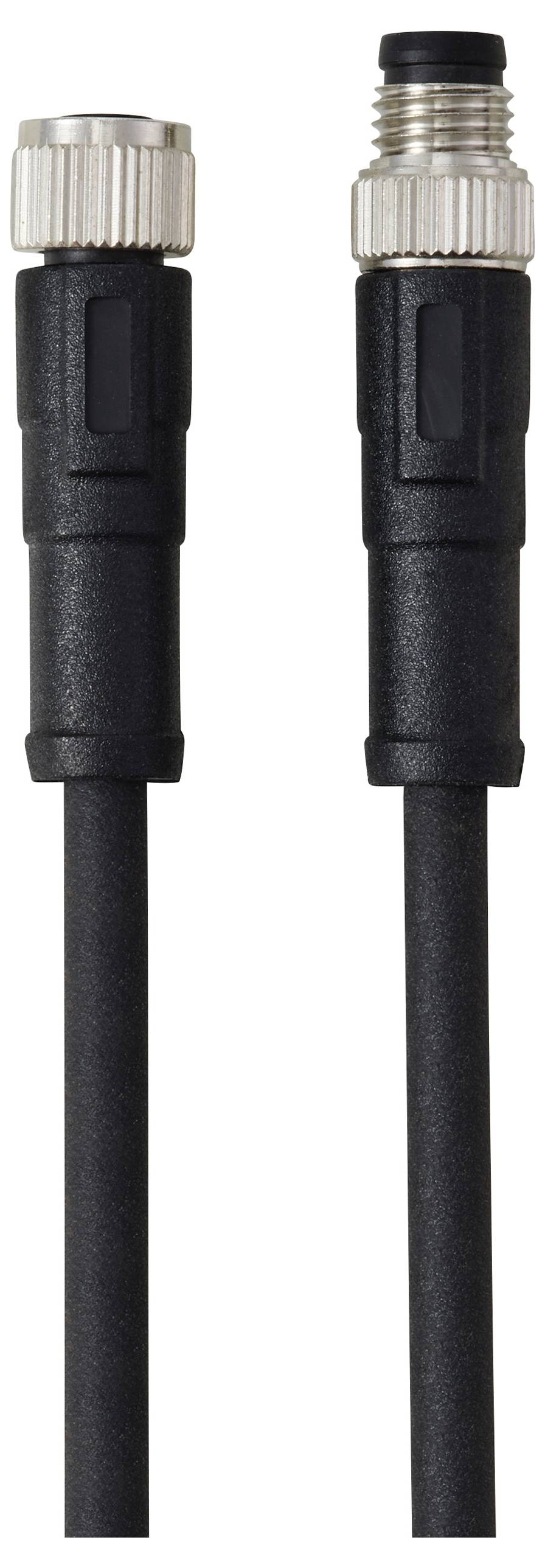 Zwei schwarze Kabel mit silbernen Anschlüssen, eines männlich und eines weiblich, verwendet für elektrische Verbindungen.