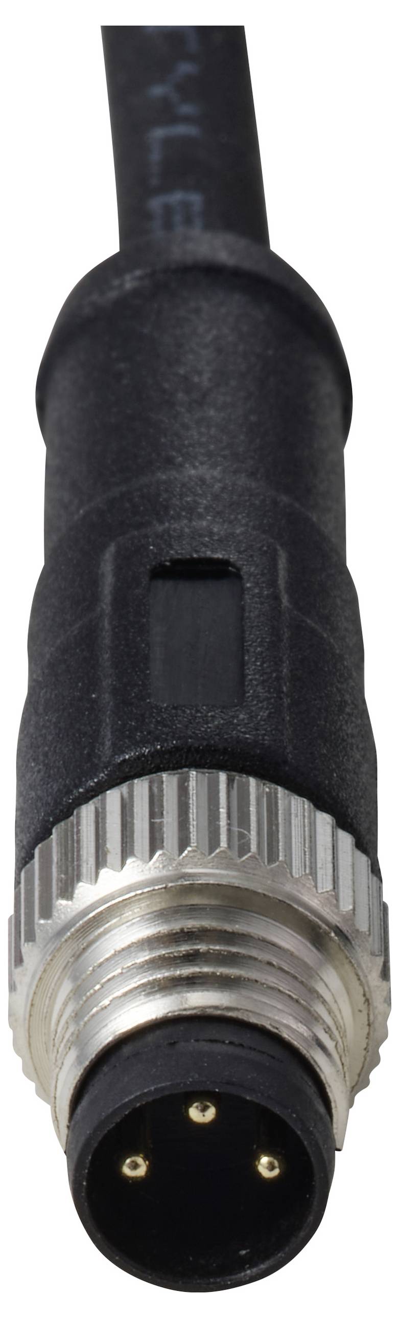 Ein schwarzer 4-poliger Stecker mit einem gerillten Metallring für eine sichere Befestigung, der für elektronische oder industrielle Geräteverbindungen verwendet wird.