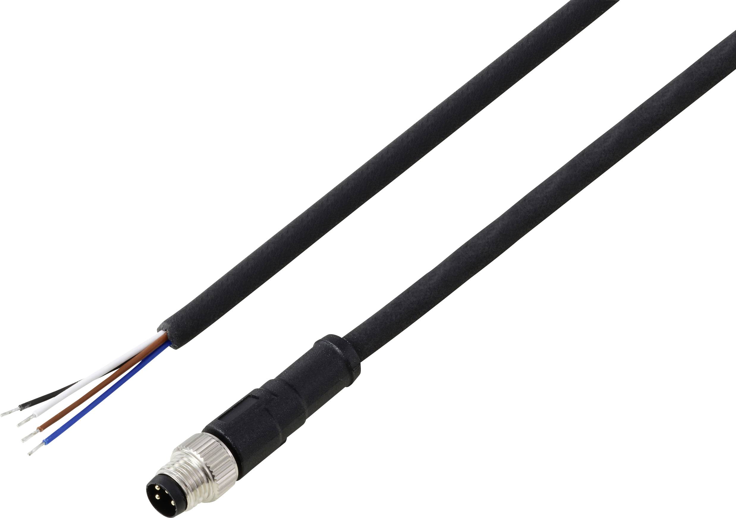Ein schwarzes Kabel mit einem Metallstecker an einem Ende und freiliegenden Drähten am anderen Ende, bei dem blaue, schwarze, rote und weiße Drähte zu sehen sind.