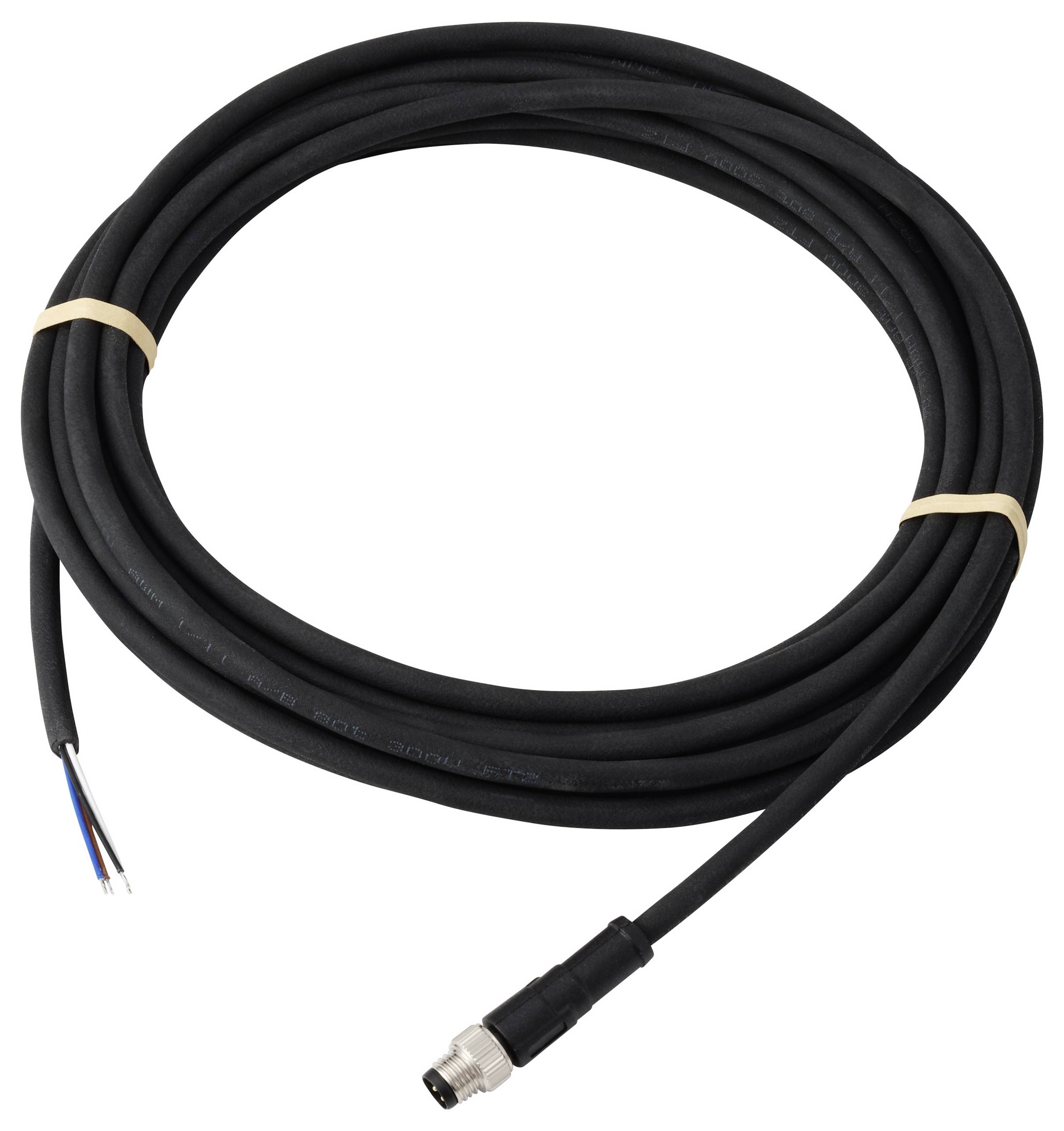 Ein gewickeltes schwarzes Elektrokabel mit einem silbernen Anschluss an einem Ende und freiliegenden Drähten am anderen Ende, gesichert mit Gummibändern.