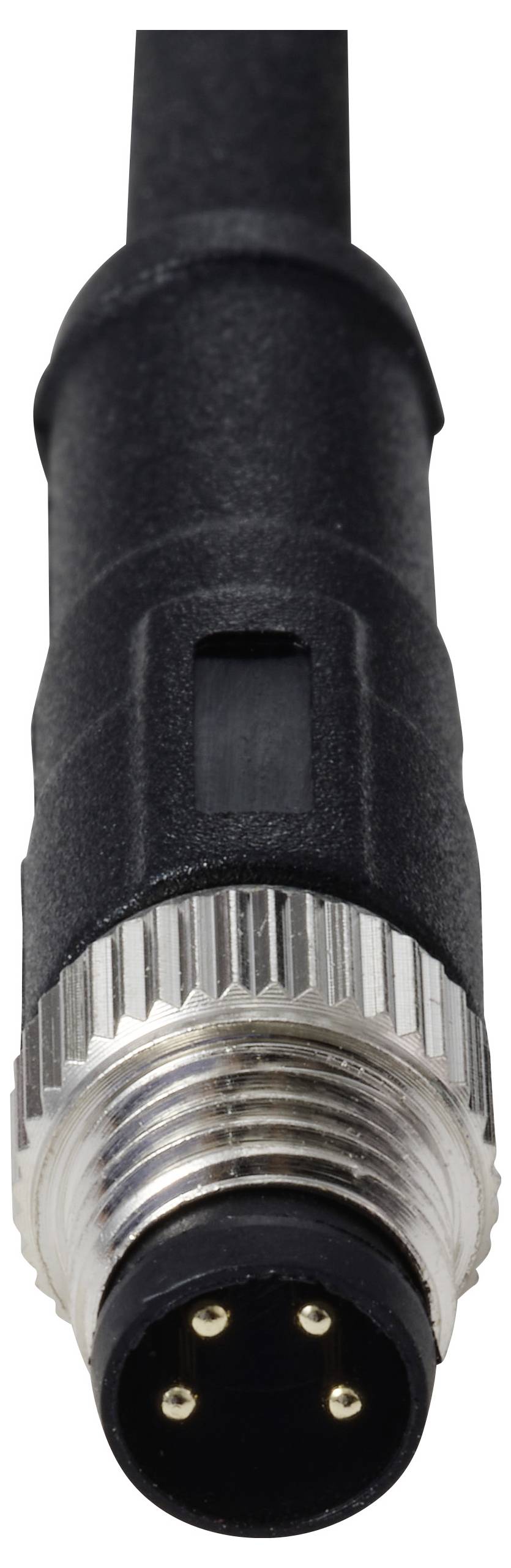 Ein Nahaufnahmebild eines schwarzen und metallischen Vier-Pin-Connectors, der häufig in der Elektronik zur Signal- oder Stromübertragung verwendet wird.