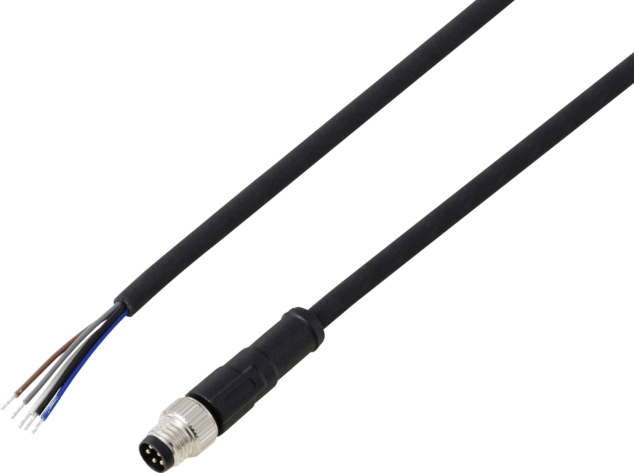 Ein schwarzes Kabel mit mehreren farbigen Leitungen, die an einem Ende freigelegt sind, und einem Metallstecker am anderen Ende, wahrscheinlich für elektrische Verbindungen.