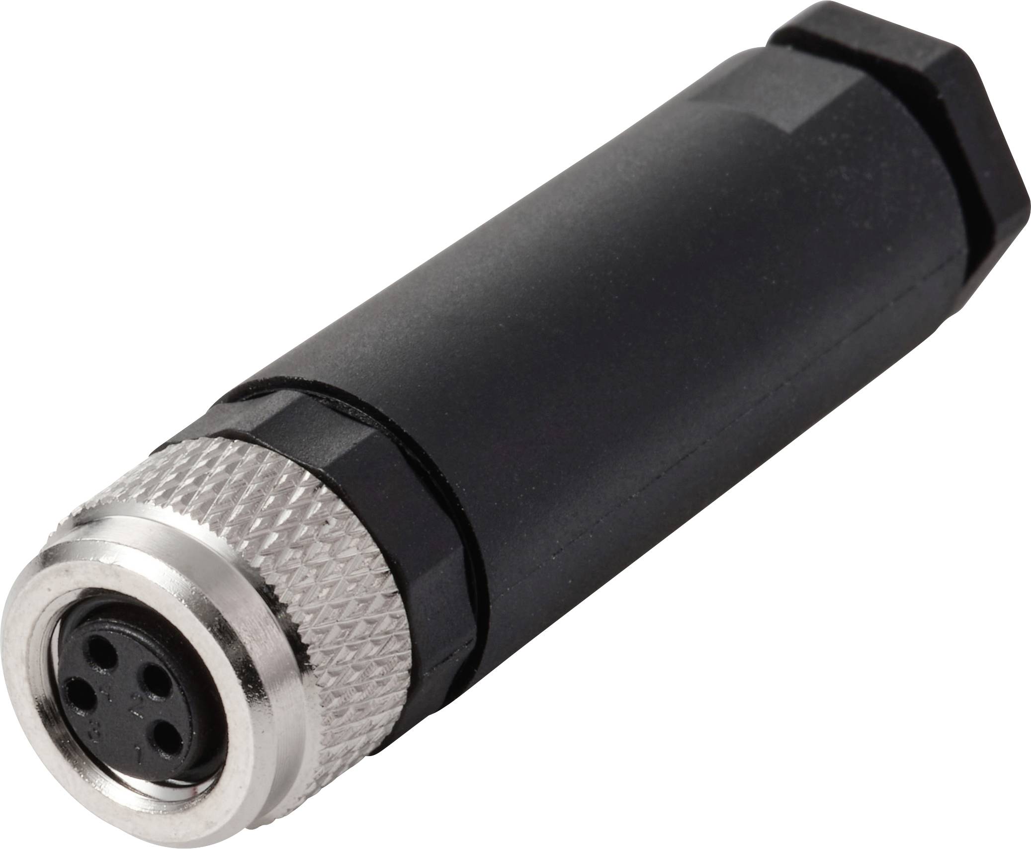 Ein schwarzer und silberner zylindrischer elektronischer Stecker mit strukturiertem Griff und Vier-Pin-Konfiguration.
