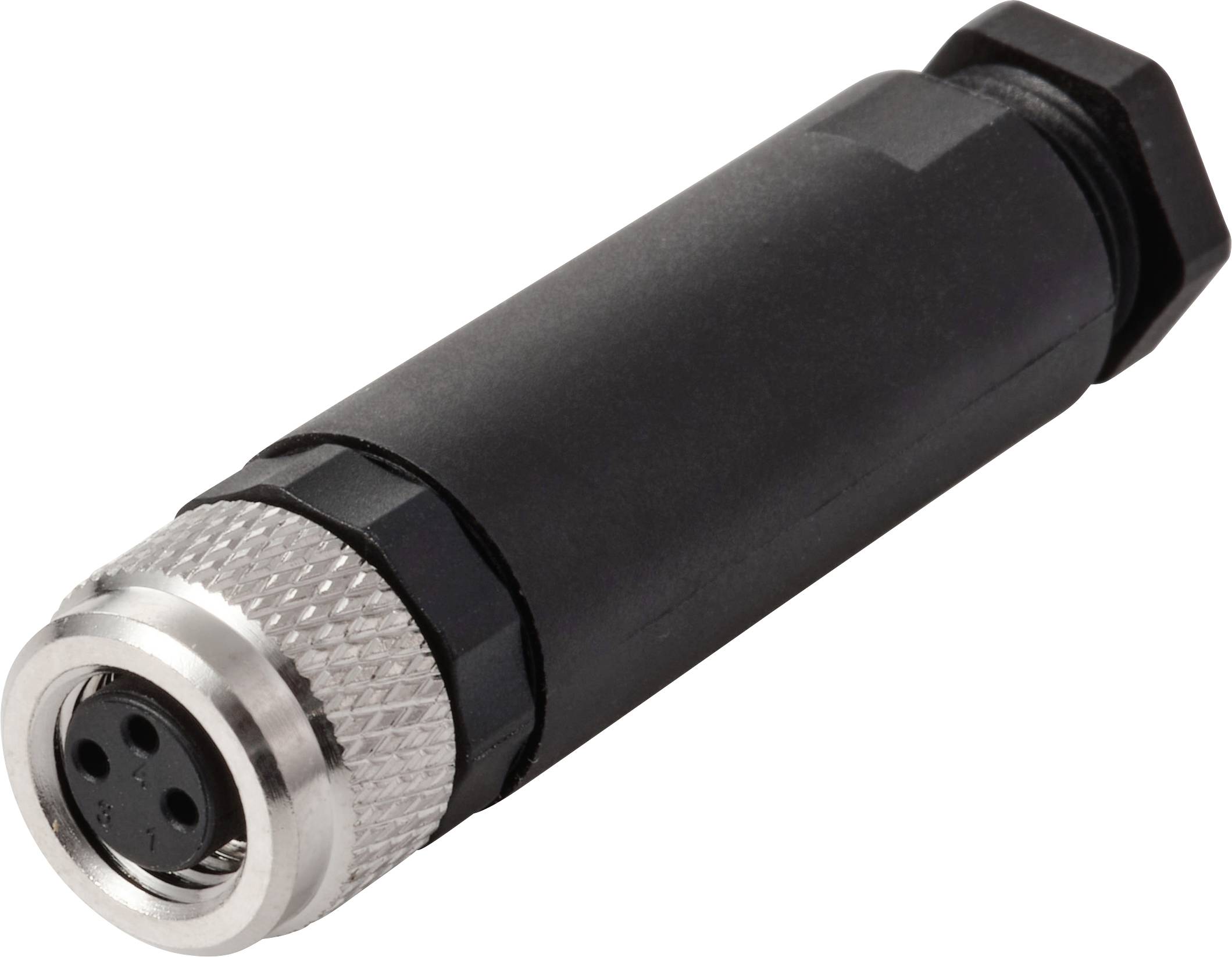 Ein Nahaufnahme-Bild eines schwarz-silbernen Mikrofonkonnektors mit vier Pins, der sein Design und seine Struktur vor einem weißen Hintergrund präsentiert.