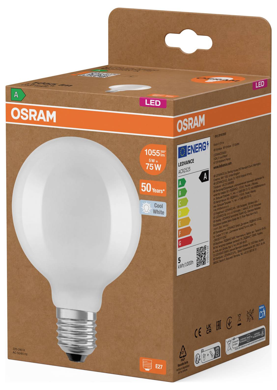 OSRAM LED-Glühbirne Verpackung mit einer 1055 lm, 75 W Äquivalent Kaltweiß-Glühbirne mit Energieeffizienzklasse A.