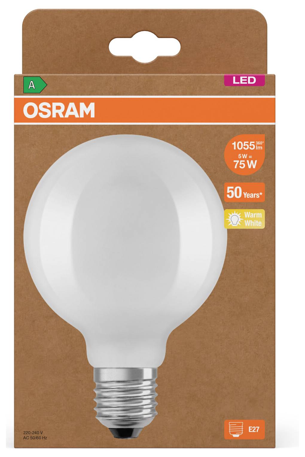 Verpackung für eine OSRAM LED-Glühbirne mit großem Glühbirnenbild, Etikett „Warmweiß