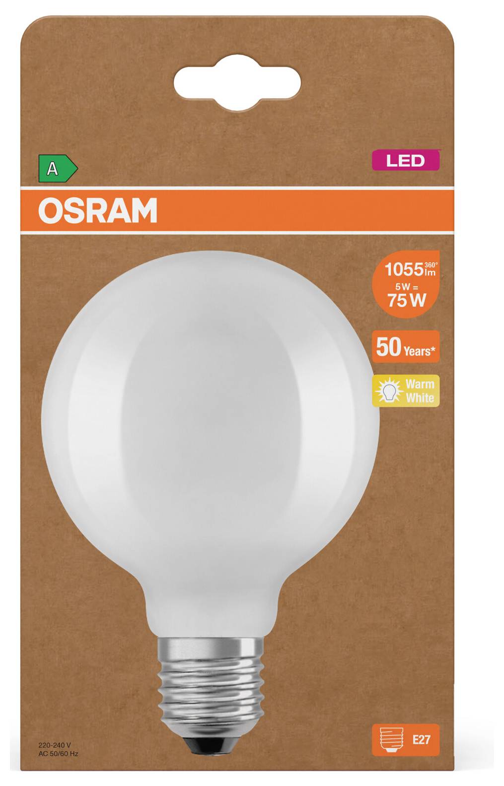 OSRAM LED-Glühbirne Verpackung mit großem Glühbirnenbild, 1055 Lumen, 6W entspricht 75W, 50 Jahre, warmweiß, E27-Fassung, Energieklasse A.
