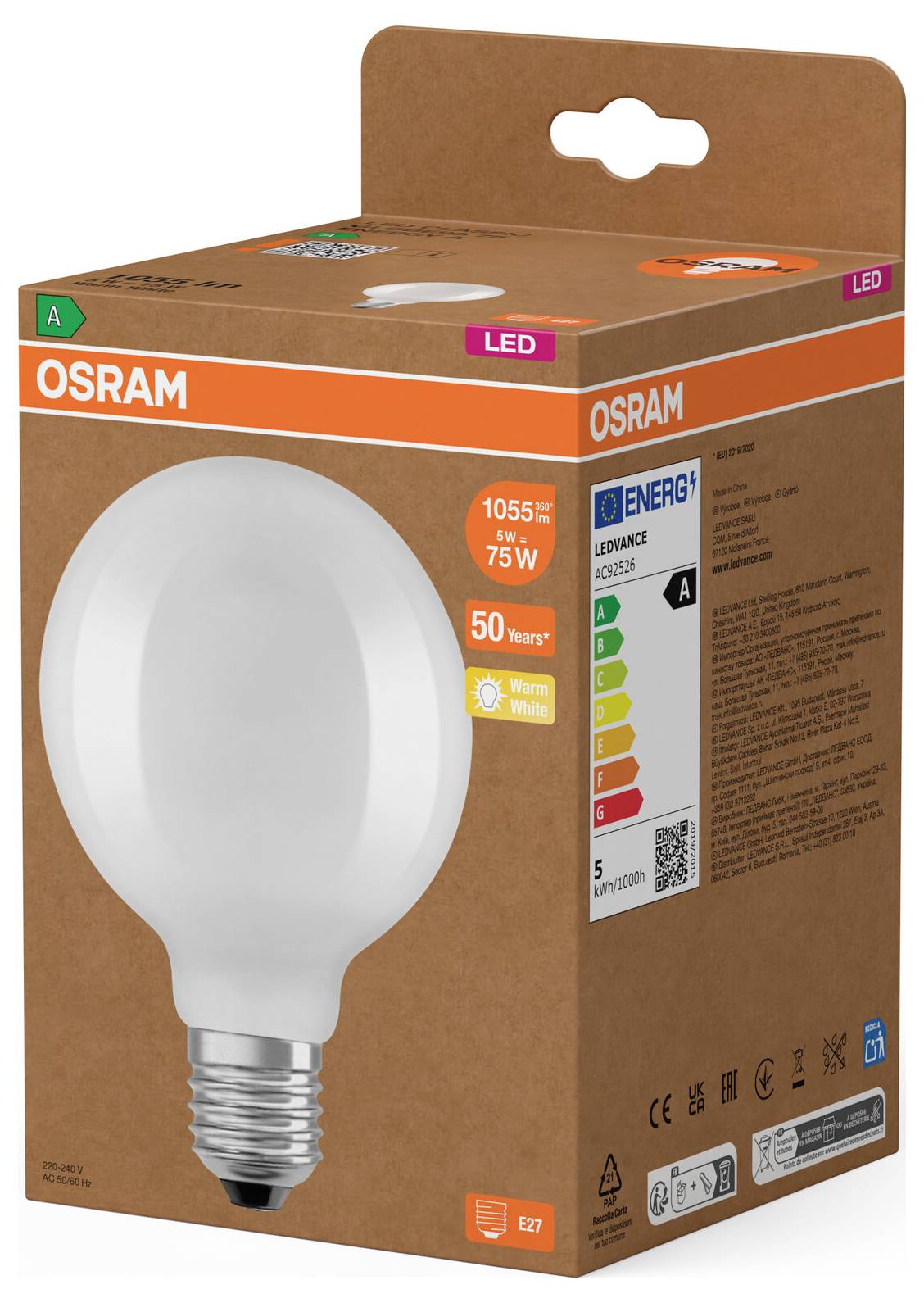 OSRAM LED-Glühbirne in Einzelhandelsverpackung in brauner Verpackung, gekennzeichnet mit 1055 lm, 75 W, warmweiß, mit angezeigter Energieeffizienzklasse.