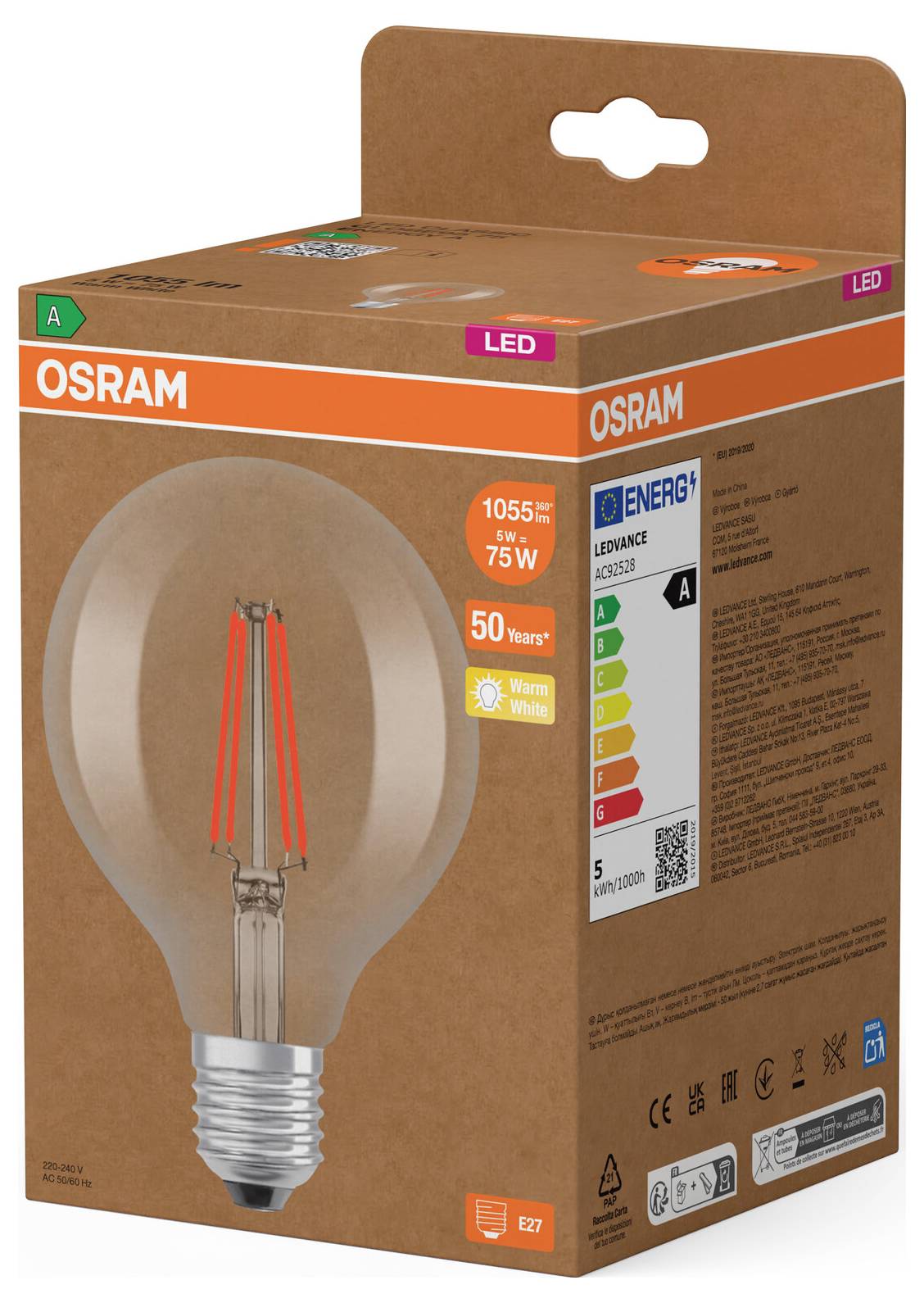 OSRAM LED-Glühbirne Karton mit sichtbarem Birnenbild, 1055 lm, 75 W Äquivalent, Warmweiß, und Energieeffizienzklasse A.
