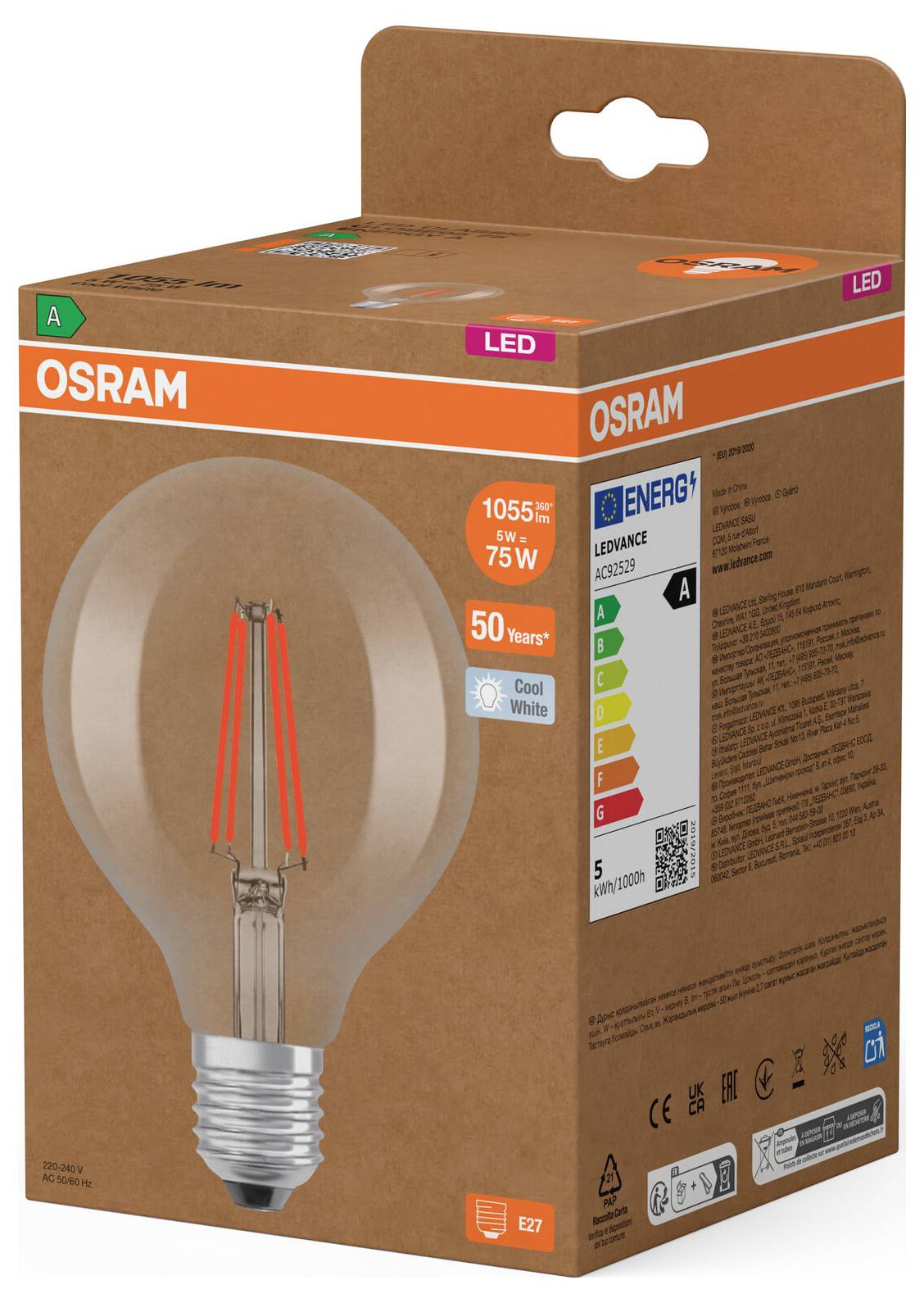 OSRAM LED-Glühbirnen-Verpackungsbox, braun mit orangefarbenen Akzenten, zeigt ein Bild der Glühbirne und ein Energieetikett mit 75-W-Äquivalent und Kaltweiß.