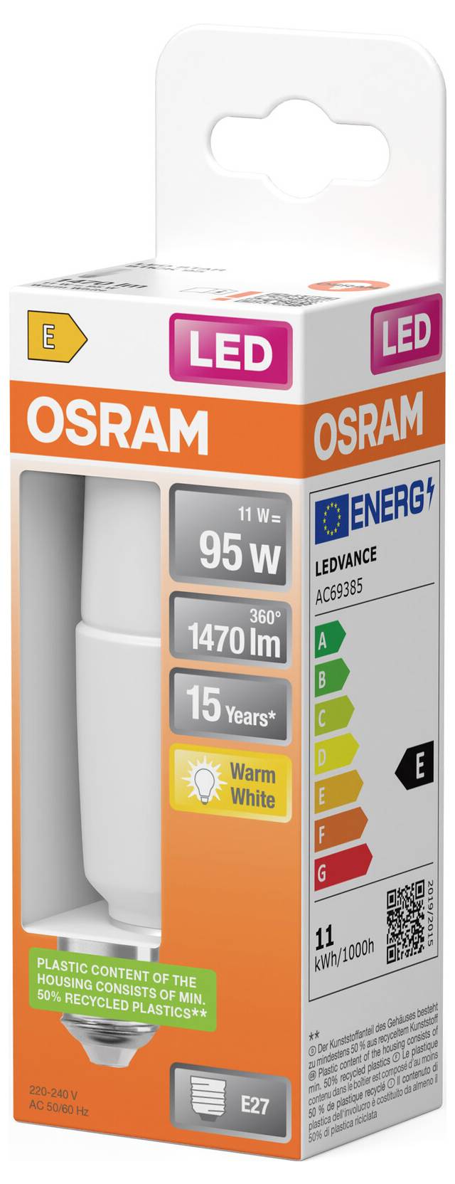 OSRAM LEDVANCE 95W-äquivalente LED-Glühbirne, Verpackung mit 1470 lm, 15-jähriger Lebensdauer, warmweiß, E27-Fassung und auf der Energieskala A-G mit Bewertung E.