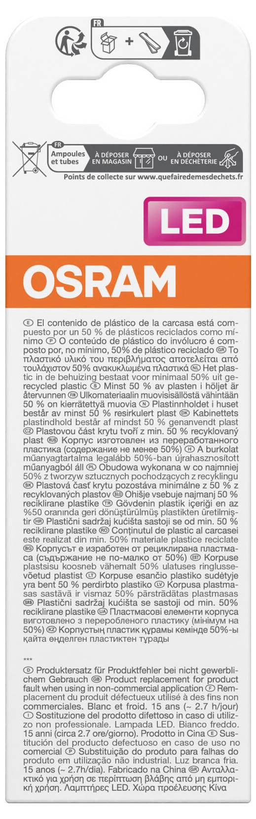 OSRAM LED-Glühbirnen-Verpackung mit Recyclinginformationen, mehrsprachigem Text und rosa LED-Etikett auf orangefarbenem Hintergrund.