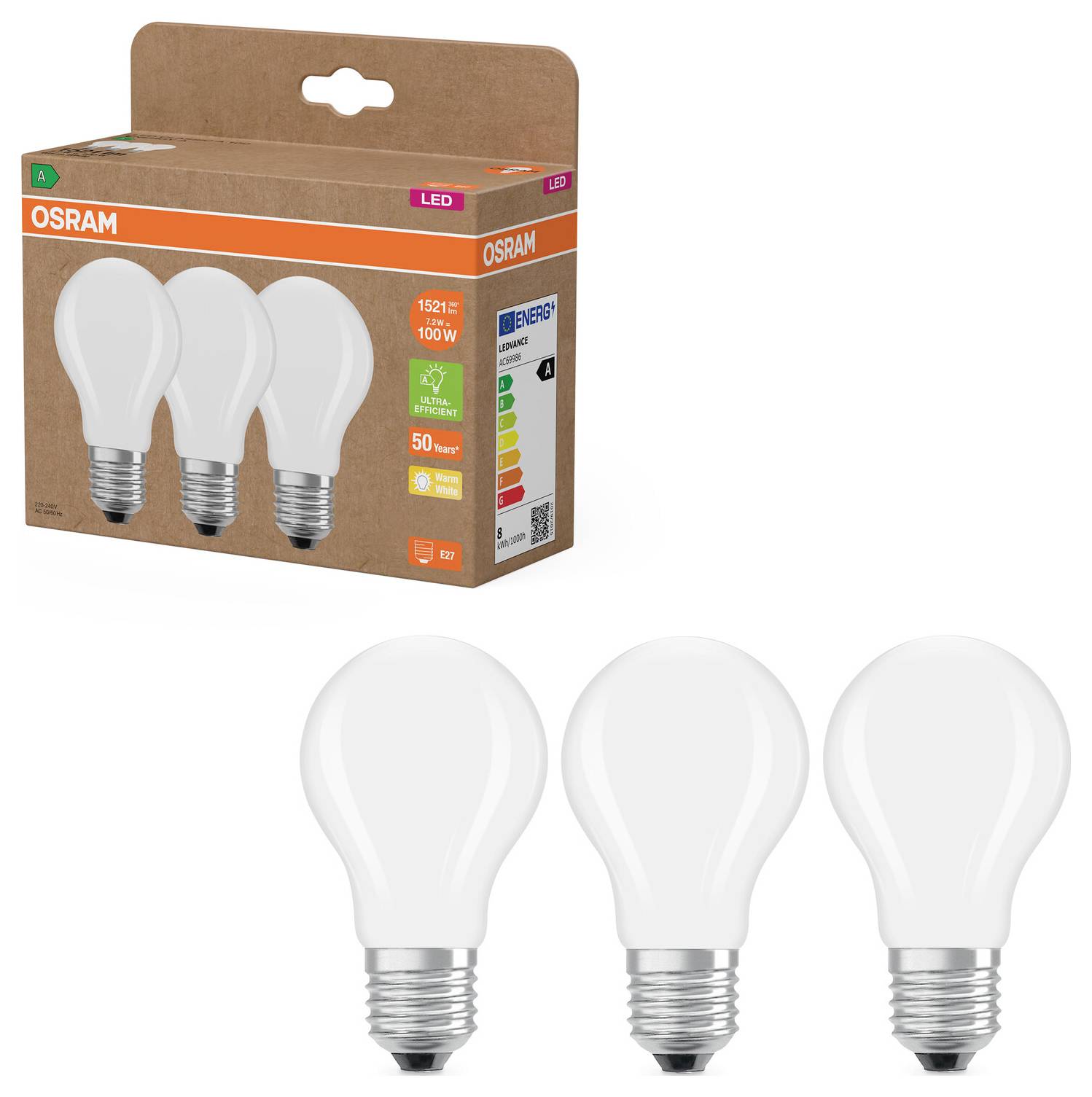 OSRAM HOMELIGHTING 4099854348051 LED EEK A (A - G) E27 7.2W Warmweiß 3St.