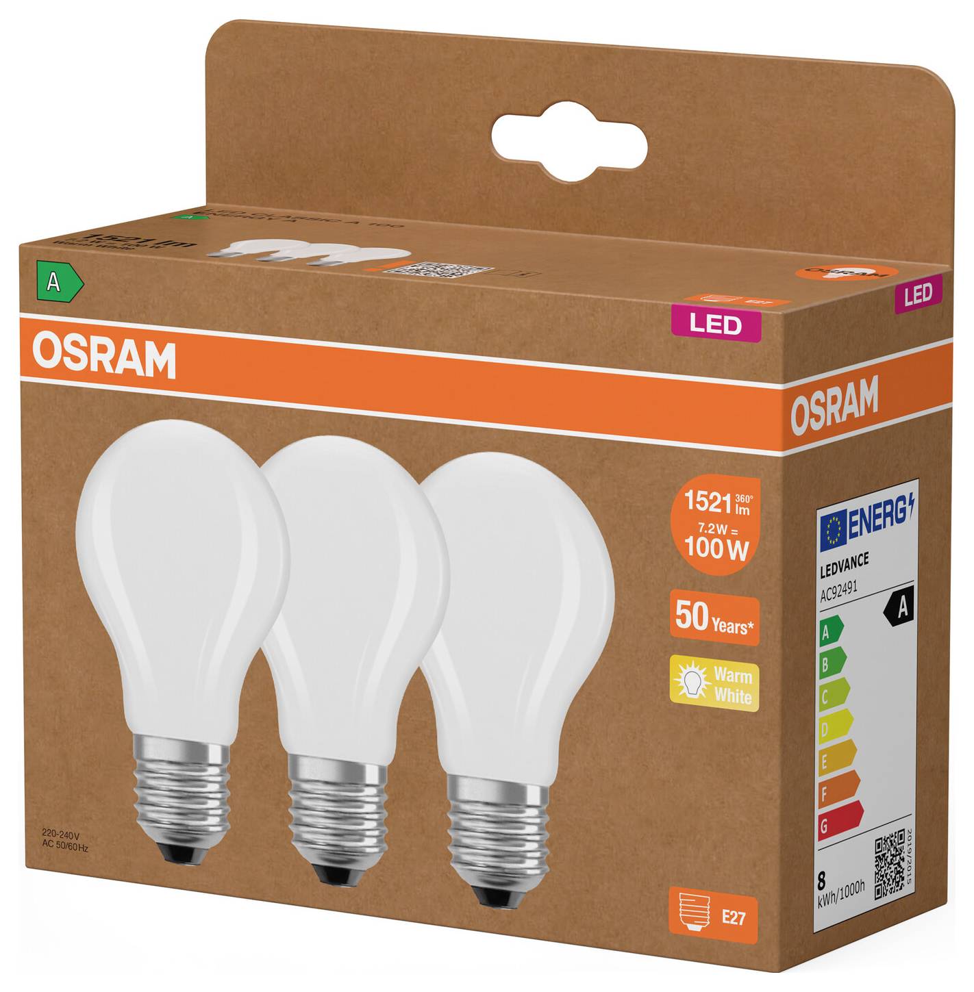 OSRAM LED-Glühbirnenpackung mit drei warmweißen E27-Birnen, gekennzeichnet mit 1521 Lumen, 100W-Entsprechung und Energieklasse A.