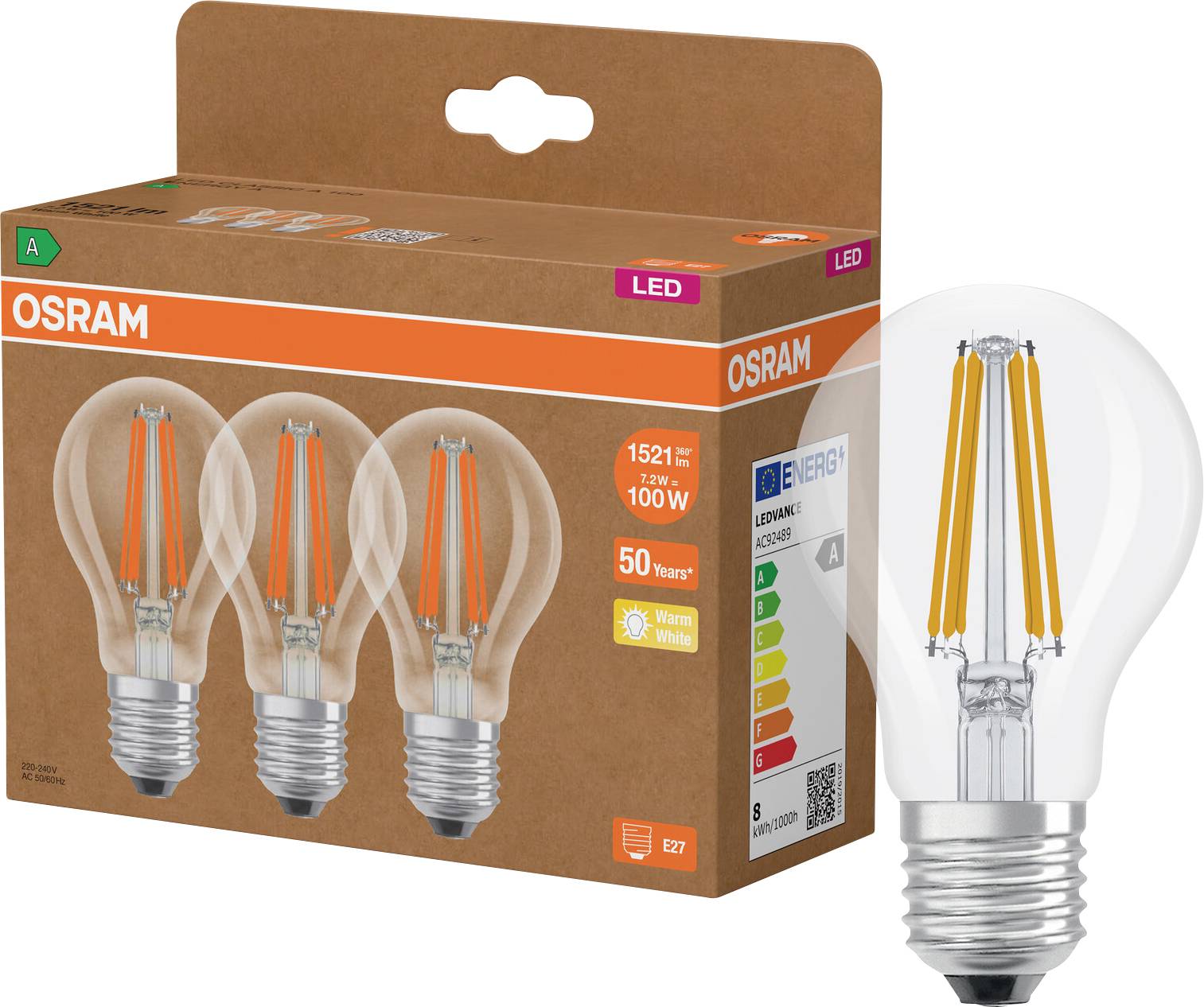 OSRAM LED-Glühbirnenverpackung mit drei transparenten Glühfadenoptik-Birnen auf der Box abgebildet und eine Birne vergrößert daneben dargestellt.