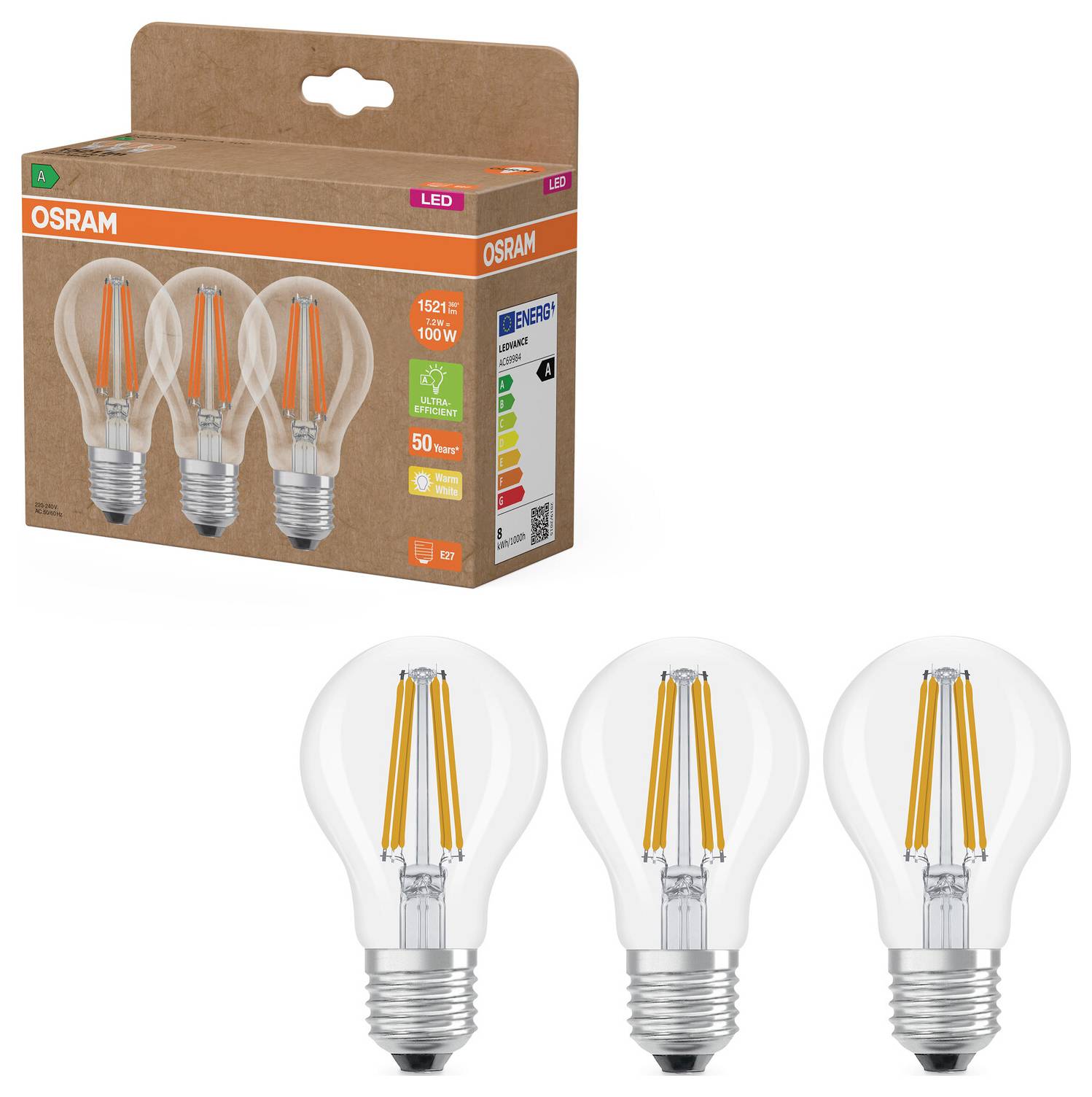 OSRAM HOMELIGHTING 4099854348037 LED EEK A (A - G) E27 7.2W Warmweiß 3St.