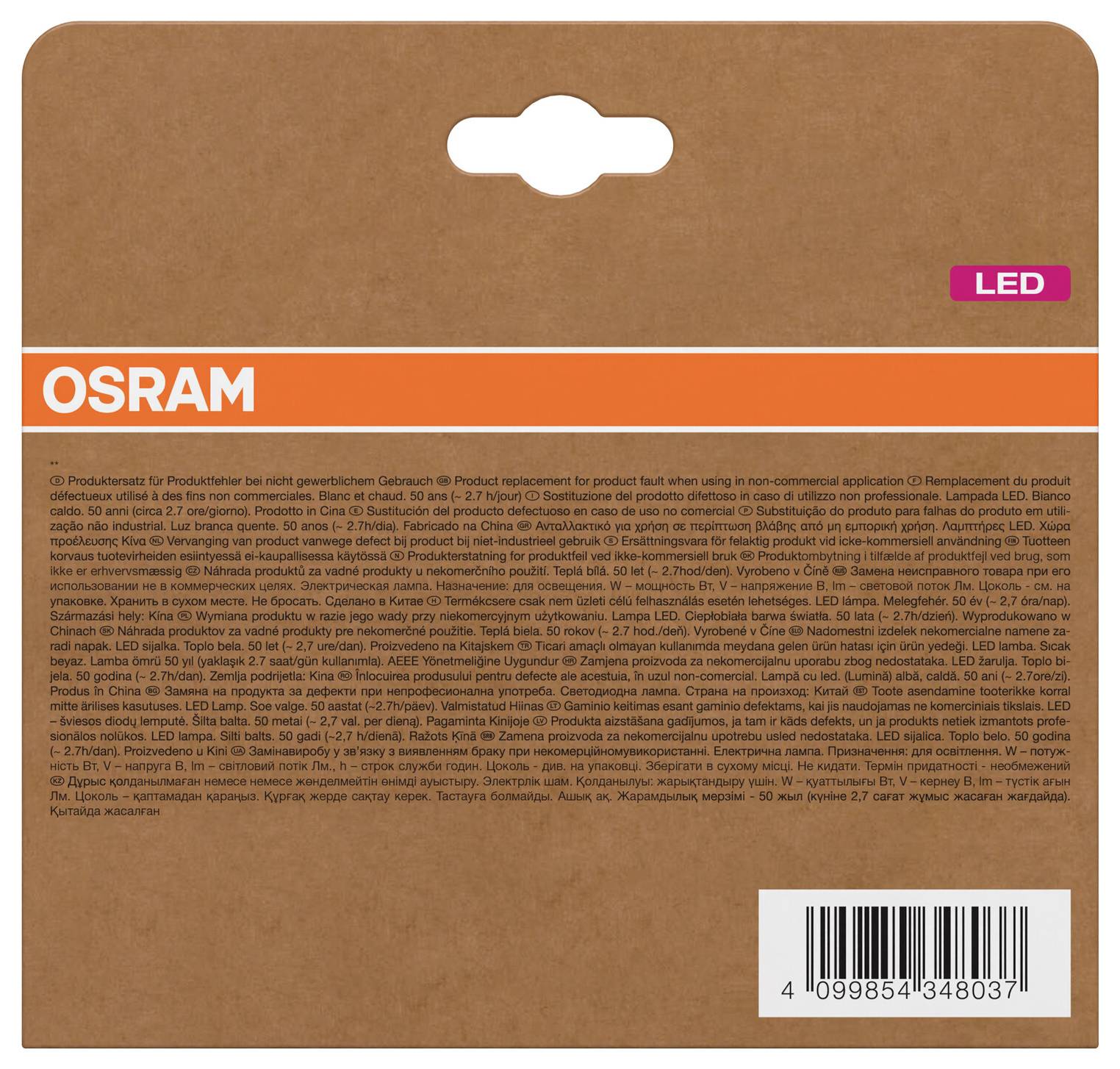 OSRAM LED-Glühbirne in brauner Pappverpackung mit orangem Branding und Barcode-Etikett.
