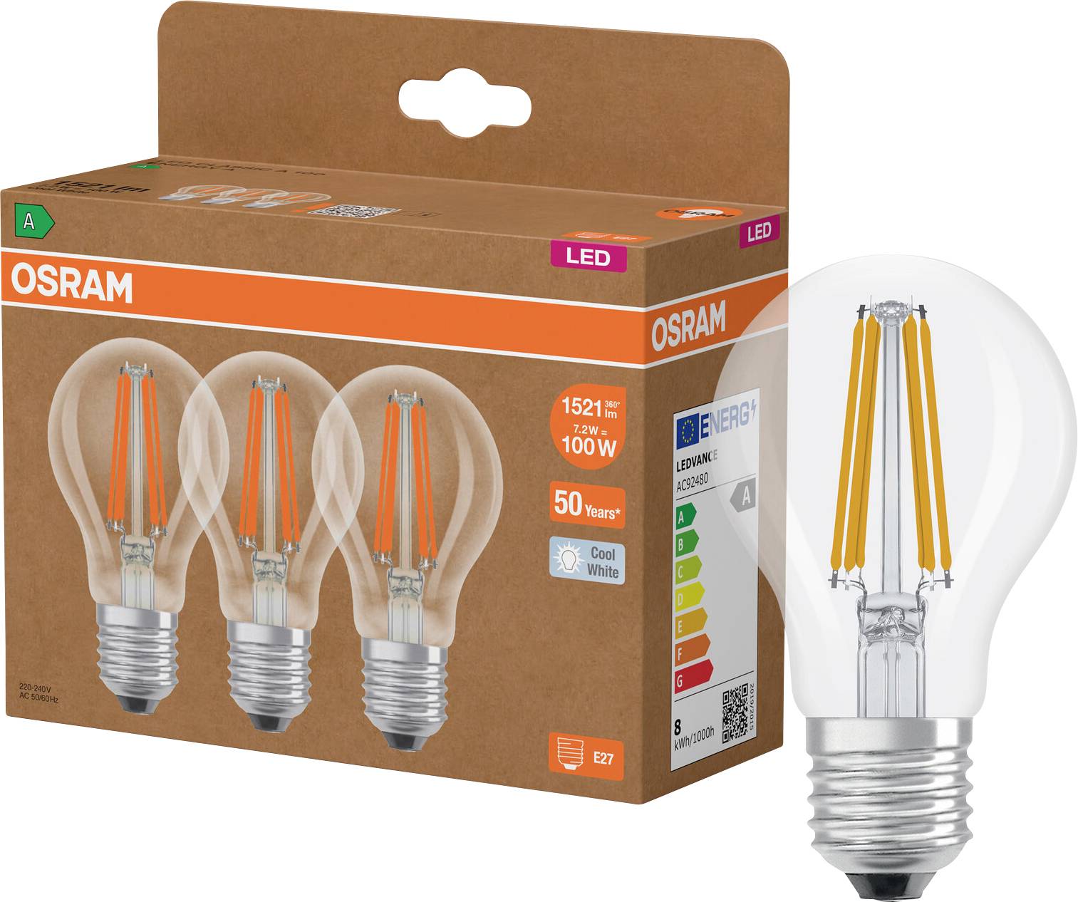 OSRAM LED-Glühbirne mit Verpackung, auf der drei Glühbirnen abgebildet sind, und eine Glühbirne daneben, gekennzeichnet mit 1521 Lumen, 100W, Kaltweiß, E27.
