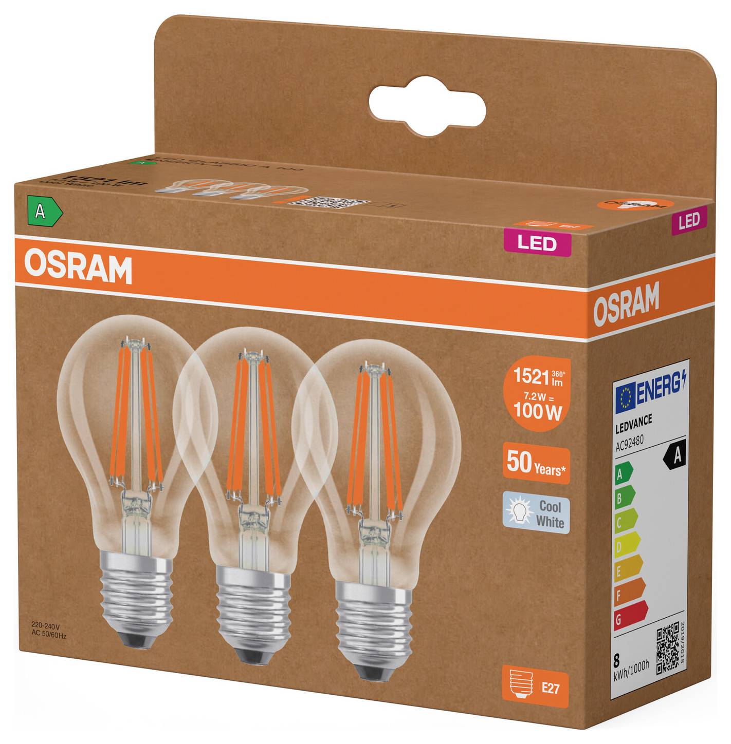 OSRAM LED-Glühbirne Einzelhandelsverpackung mit drei klaren Filament-Stil-Glühbirnen, gekennzeichnet mit E27, 100W-Entsprechung, 1521 lm und Energieklasse A.
