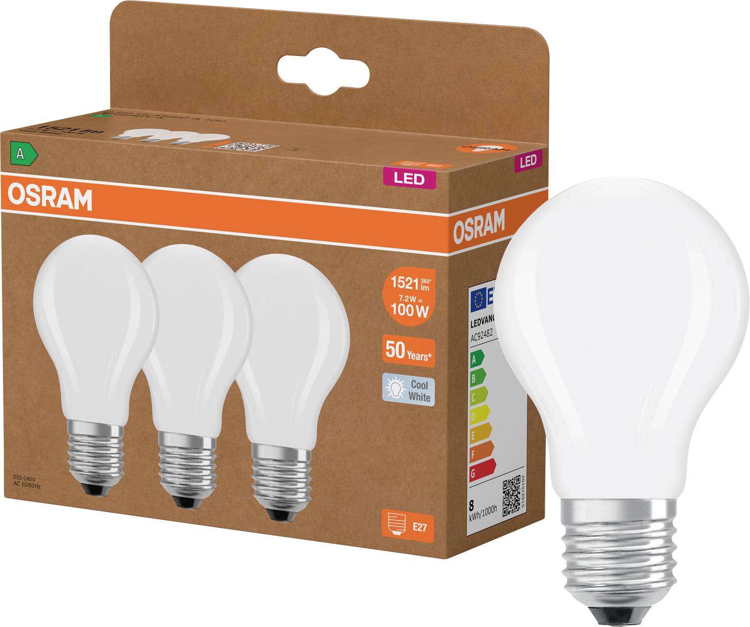 OSRAM LED-Glühbirnenkarton mit drei Glühbirnen abgebildet und einer Glühbirne außerhalb der Verpackung gezeigt.