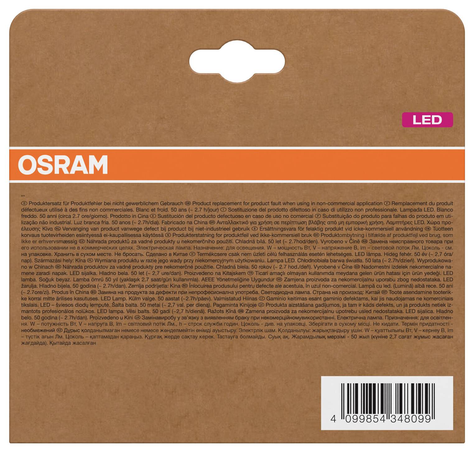 OSRAM LED-Produktverpackung mit braunem Untergrund, orangefarbenem Markenband, kleinem mehrsprachigem Produkttext und Barcode-Etikett rechts unten.