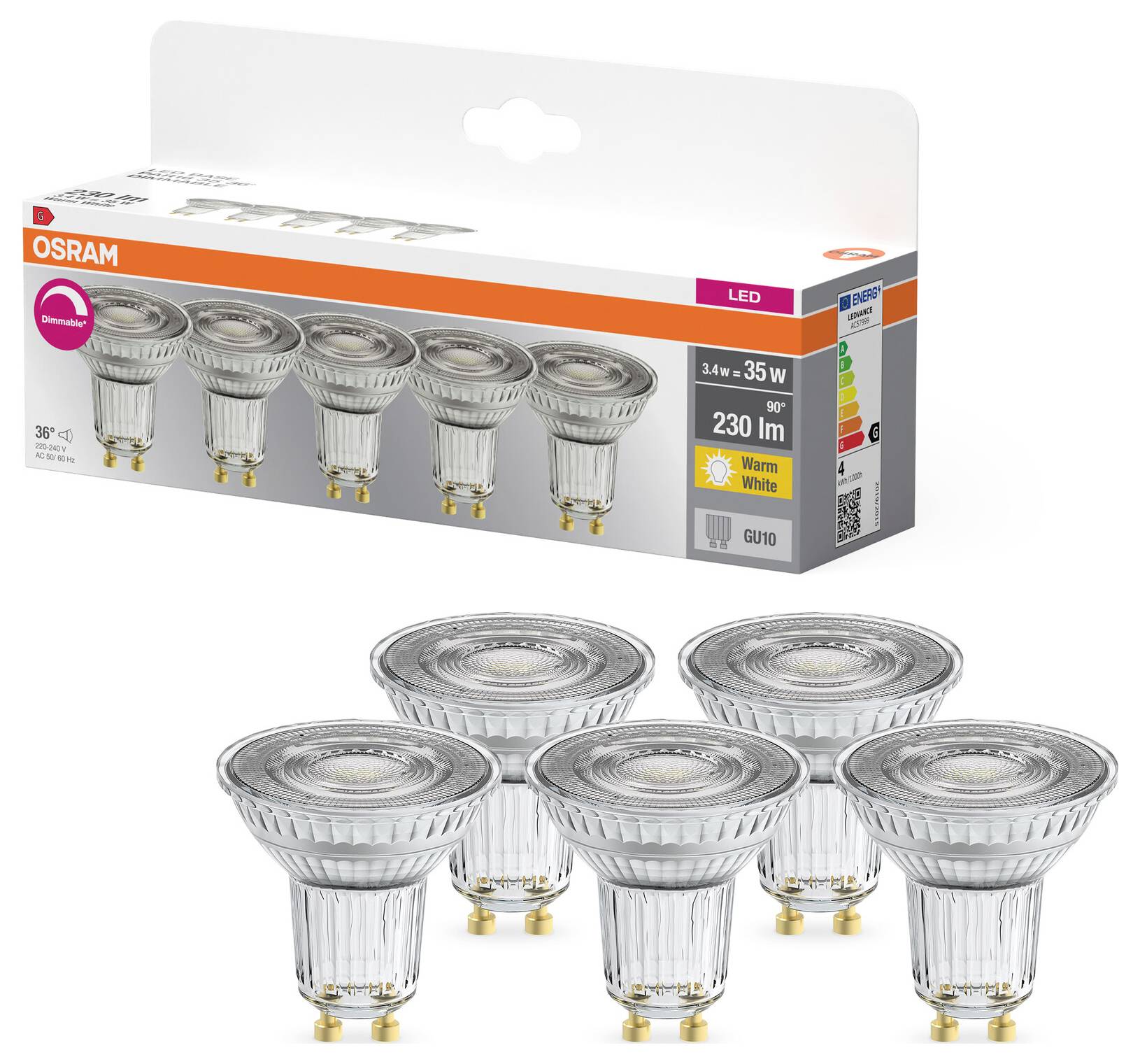 OSRAM HOMELIGHTING 4099854352355 LED-Reflektorlampe EEK G (A - G) GU10 3.4W Warmweiß 5St.