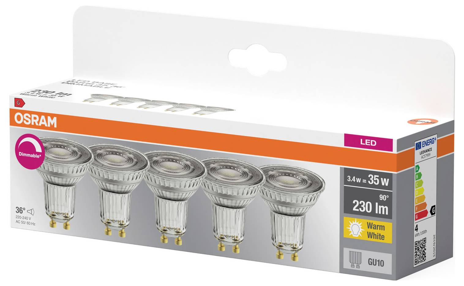 OSRAM HOMELIGHTING 4099854352355 LED-Reflektorlampe EEK G (A - G) GU10 3.4W Warmweiß 5St.